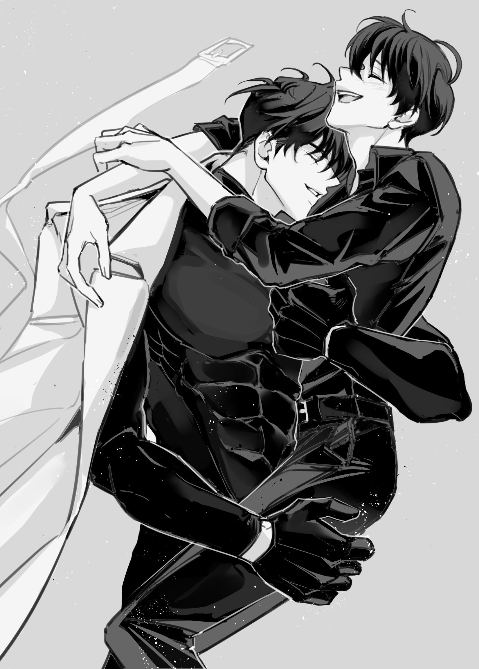 rhyme1863, kim dokja, secretive plotter, yoo joonghyuk, omniscient reader's viewpoint, highres, 2boys, abs, arm around neck, black gloves, black hair, black shirt, carrying, carrying person, closed eyes, coat, collared shirt, crew neck, curtained hair, feet out of frame, gloves, greyscale, grin, large hands, male focus, monochrome, multiple boys, shirt, short hair, sleeves rolled up, smile, tight clothes, tight shirt, toned, toned male, white coat