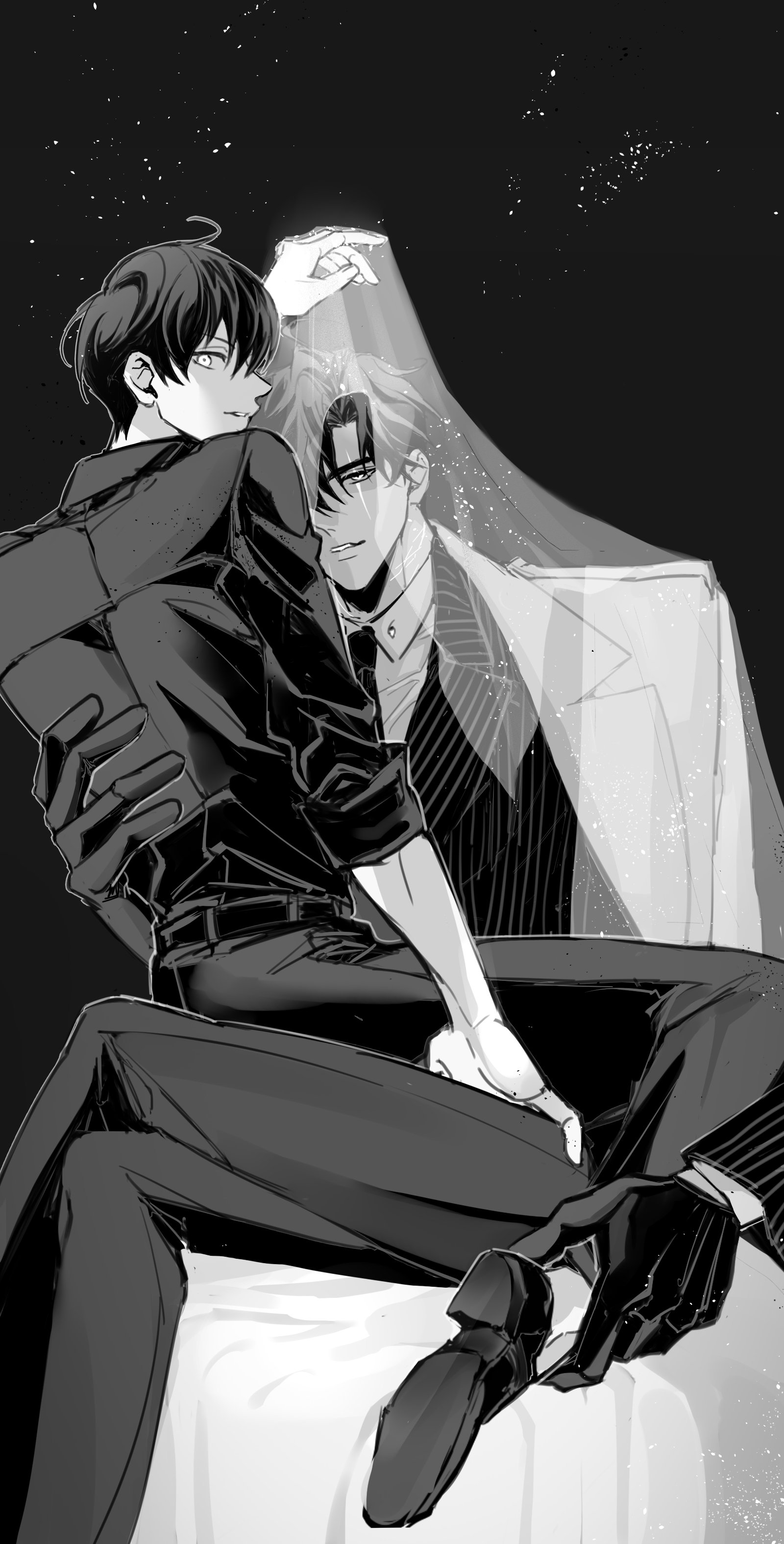 rhyme1863, kim dokja, secretive plotter, yoo joonghyuk, omniscient reader's viewpoint, absurdres, commentary, highres, symbol-only commentary, 2boys, ahoge, black gloves, black necktie, black shirt, black vest, cloak, coat, collared shirt, crossed legs, full body, gloves, hand on another's back, hand on another's leg, hood, hood up, hooded cloak, looking at viewer, looking back, male focus, multiple boys, necktie, one eye covered, open clothes, open coat, parted lips, popped collar, scar, scar across eye, scar on face, see-through clothes, shirt, sitting, sitting on lap, sitting on person, sky, sleeves rolled up, star (sky), starry sky, striped clothes, striped vest, veil lift, vest, white coat, white shirt, yaoi