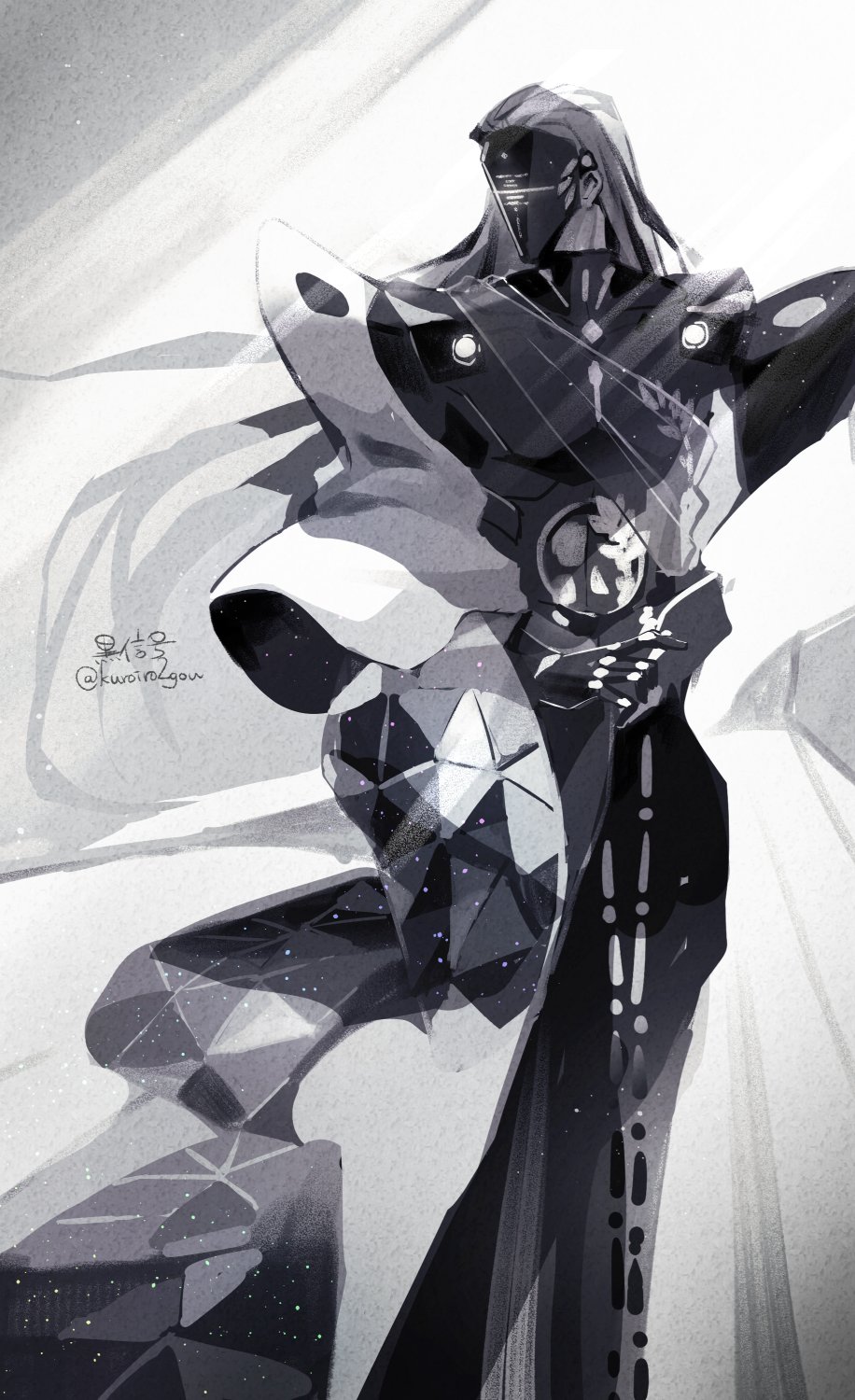kuroiroichigo, the tale of food, chinese commentary, commentary, highres, 1boy, artist name, chinese clothes, covered face, facing to the side, feet out of frame, greyscale, hair slicked back, hanfu, light particles, light rays, long hair, long sleeves, male focus, mask, monochrome, qing ying fan (the tale of food), robe, sash, science fiction, shawl, shoulder pads, shoulder sash, simple background, solo, standing, straight hair, turtleneck, very long hair, waist sash, white background
