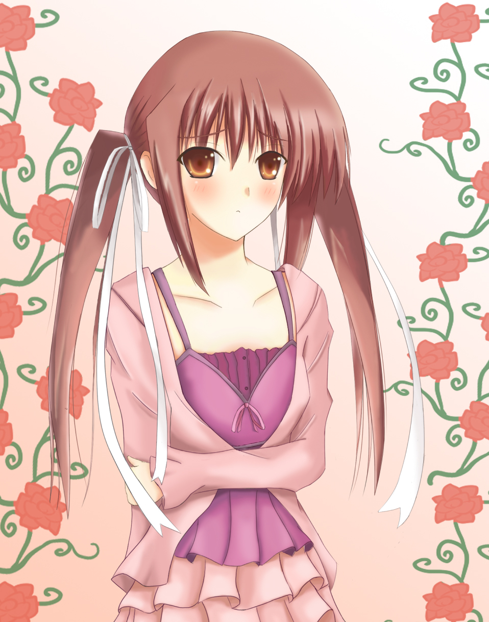 yuzin, houjouin seika, princess lover, highres, 1girl, blush, brown hair, female focus, flat chest, flower, hair ribbon, holding own arm, long hair, orange eyes, ribbon, solo, twintails