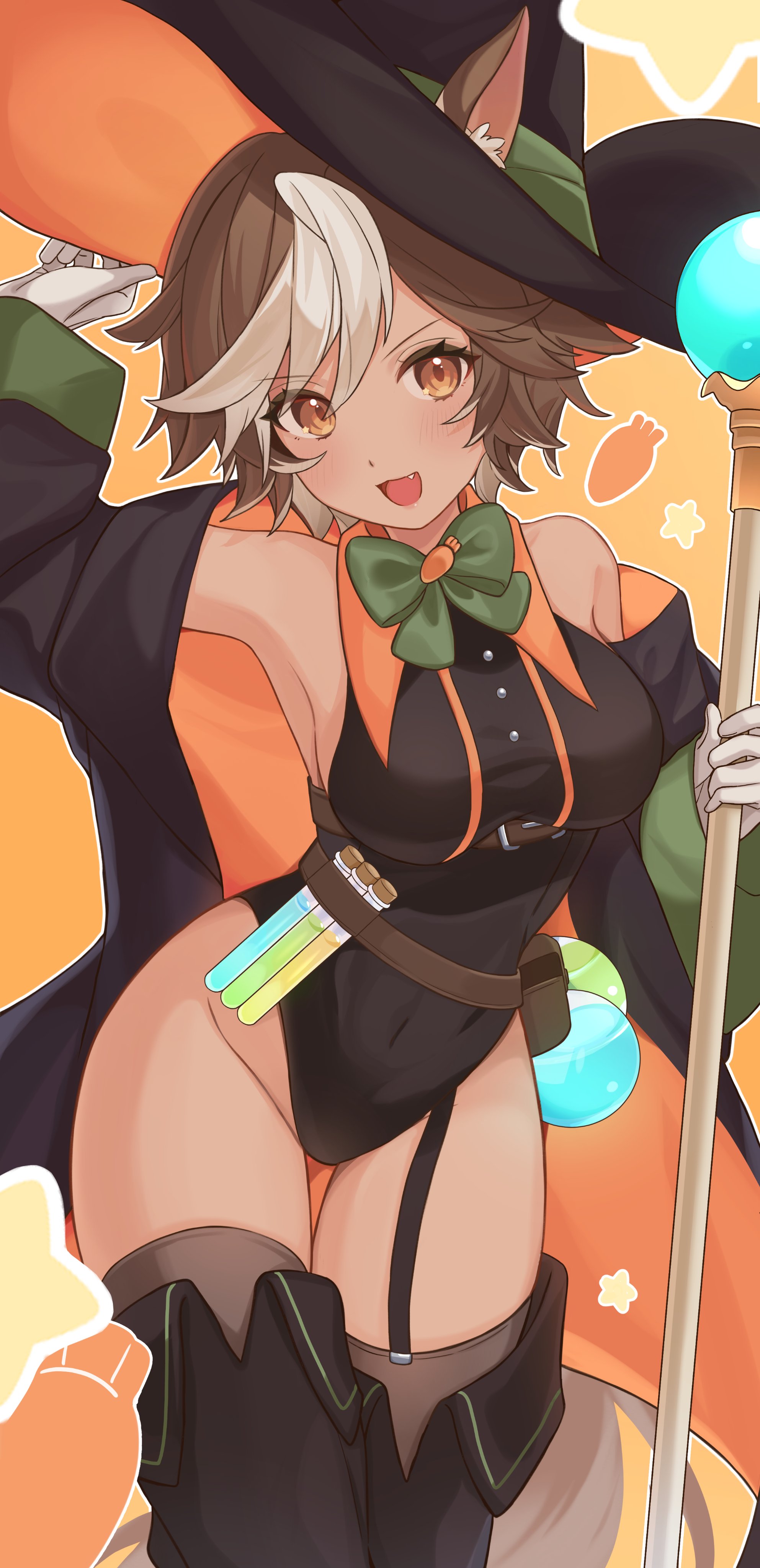 etoria, tomoe umari, v-dere, absurdres, commentary, commission, english commentary, highres, second-party source, skeb commission, 1girl, alternate costume, animal ears, black boots, black coat, black leotard, black thighhighs, boots, breasts, brown eyes, brown hair, coat, covered navel, fang, garter straps, halloween, halloween costume, hat, holding, holding staff, horse ears, horse girl, large breasts, leotard, long sleeves, looking at viewer, mage staff, medium hair, open mouth, smile, solo, staff, thigh boots, thighhighs, vial, virtual youtuber, witch hat
