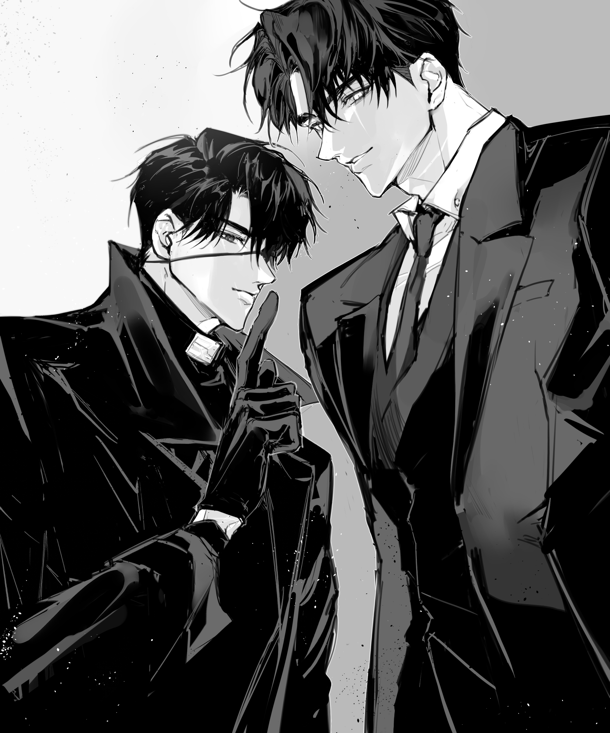 rhyme1863, secretive plotter, yoo joonghyuk, yoo joonghyuk (999th turn), omniscient reader's viewpoint, absurdres, commentary, english commentary, highres, 2boys, black coat, black gloves, black hair, black necktie, coat, collared shirt, cowboy shot, curtained hair, dual persona, eyepatch, finger to mouth, gloves, greyscale, hand up, index finger raised, light particles, looking at viewer, male focus, monochrome, multiple boys, necktie, open clothes, open coat, popped collar, scar, scar across eye, scar on face, shirt, short hair, shushing, smirk, white shirt