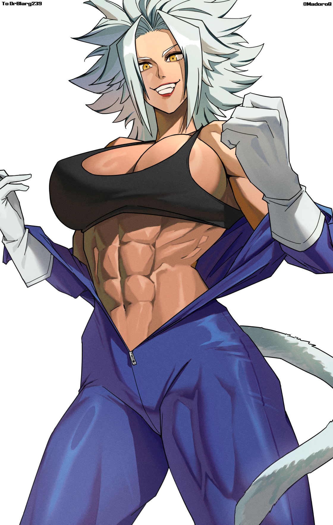 madoro q, original, commentary, commission, highres, 1girl, abs, breasts, gloves, large breasts, muscular, muscular female, simple background, smile, solo, tail, twitter username, white background