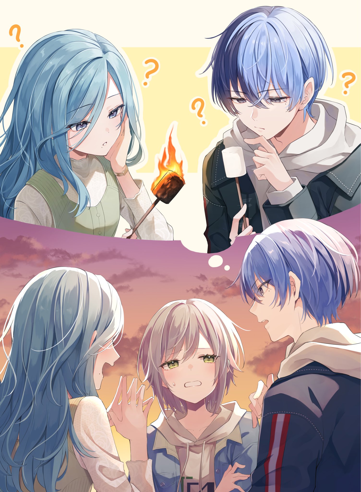 wanderlands k, aoyagi touya, hinomori shiho, hinomori shizuku, project sekai, commentary request, highres, 1boy, 2girls, ?, blue eyes, blue hair, bracelet, clenched teeth, closed mouth, drawstring, fire, food, green eyes, grey hair, hands up, holding, holding stick, hood, hood down, hoodie, jewelry, long hair, long sleeves, looking at another, marshmallow, mole, mole under eye, mole under mouth, multicolored hair, multiple girls, nervous sweating, open mouth, outdoors, outstretched hand, parted lips, short hair, speech bubble, split-color hair, stick, sweat, teeth, thought bubble, two-tone hair, upper body