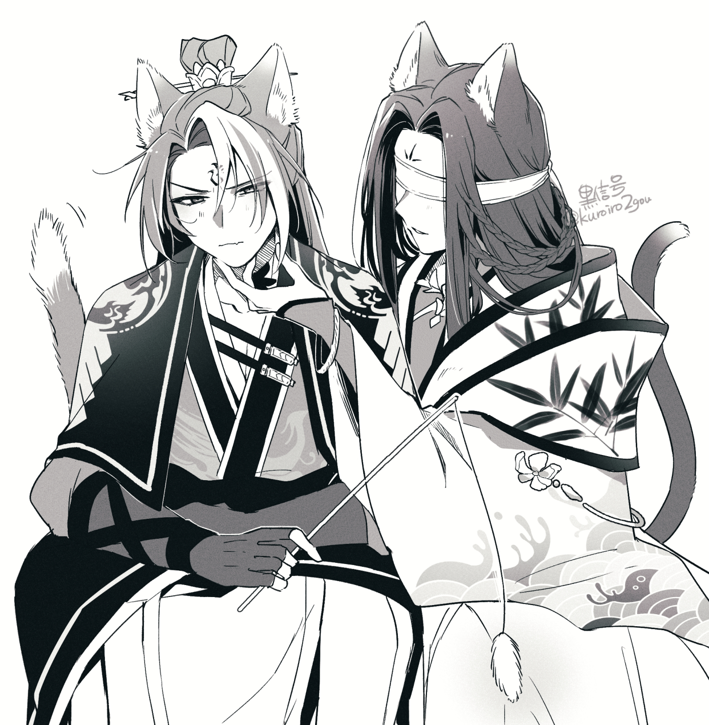 kuroiroichigo, chuyi flower cake (the tale of food), xifeng wine (the tale of food), the tale of food, chinese commentary, commentary, highres, 2boys, animal ears, arm strap, bamboo print, blinking, bracelet, braid, cape, cat boy, cat ears, cat tail, chinese clothes, closed mouth, covered eyes, curtained hair, facial mark, facing another, facing viewer, fang, feet out of frame, fingerless gloves, forehead mark, furrowed brow, gloves, grey background, hair between eyes, hair bun, half updo, hanfu, holding cat teaser, invisible chair, jewelry, kemonomimi mode, light blush, long hair, long sleeves, looking ahead, male focus, motion lines, multicolored hair, multiple boys, parted bangs, parted lips, phoenix print, scratching chin, shawl, side braids, sidelocks, simple background, single hair bun, sitting, skin fang, smile, streaked hair, tail, tail raised, topknot, wave print, white background, wide sleeves, xiao guan (headdress), yaoi