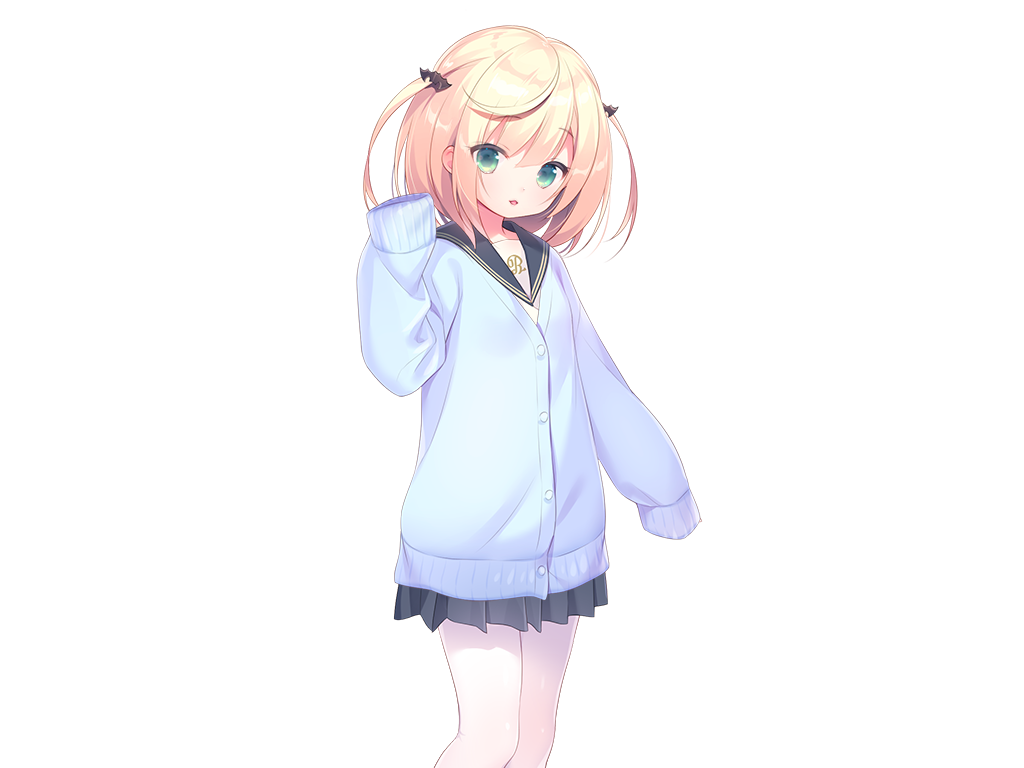 piyodera mucha, mainichi kiss shite lolita, game cg, large variant set, non-web source, variant set, 1girl, black sailor collar, black skirt, blonde hair, blue cardigan, cardigan, feet out of frame, green eyes, hand up, long sleeves, looking at viewer, mihato (mainichi kiss shite lolita), miniskirt, open mouth, pantyhose, pleated skirt, sailor collar, school uniform, serafuku, short hair, simple background, sitting, skirt, sleeves past fingers, sleeves past wrists, solo, tachi-e, transparent background, two side up, white pantyhose