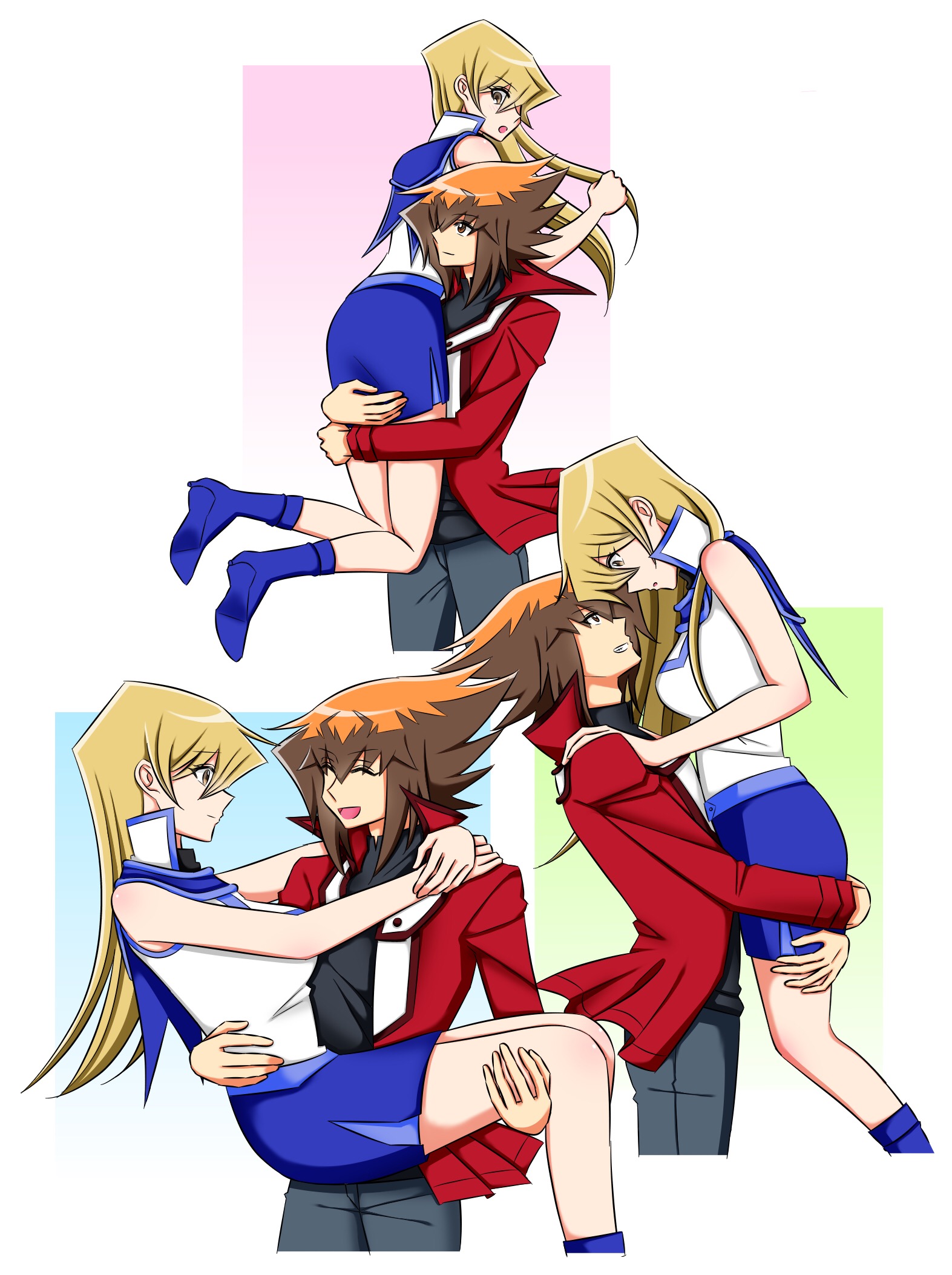 tenjouin asuka, yuki judai, yu-gi-oh!, yu-gi-oh! gx, highres, 1boy, 1girl, blonde hair, blue boots, blue skirt, boots, brown hair, carrying, carrying person, closed eyes, couple, looking at another, open mouth, princess carry, skirt, smile