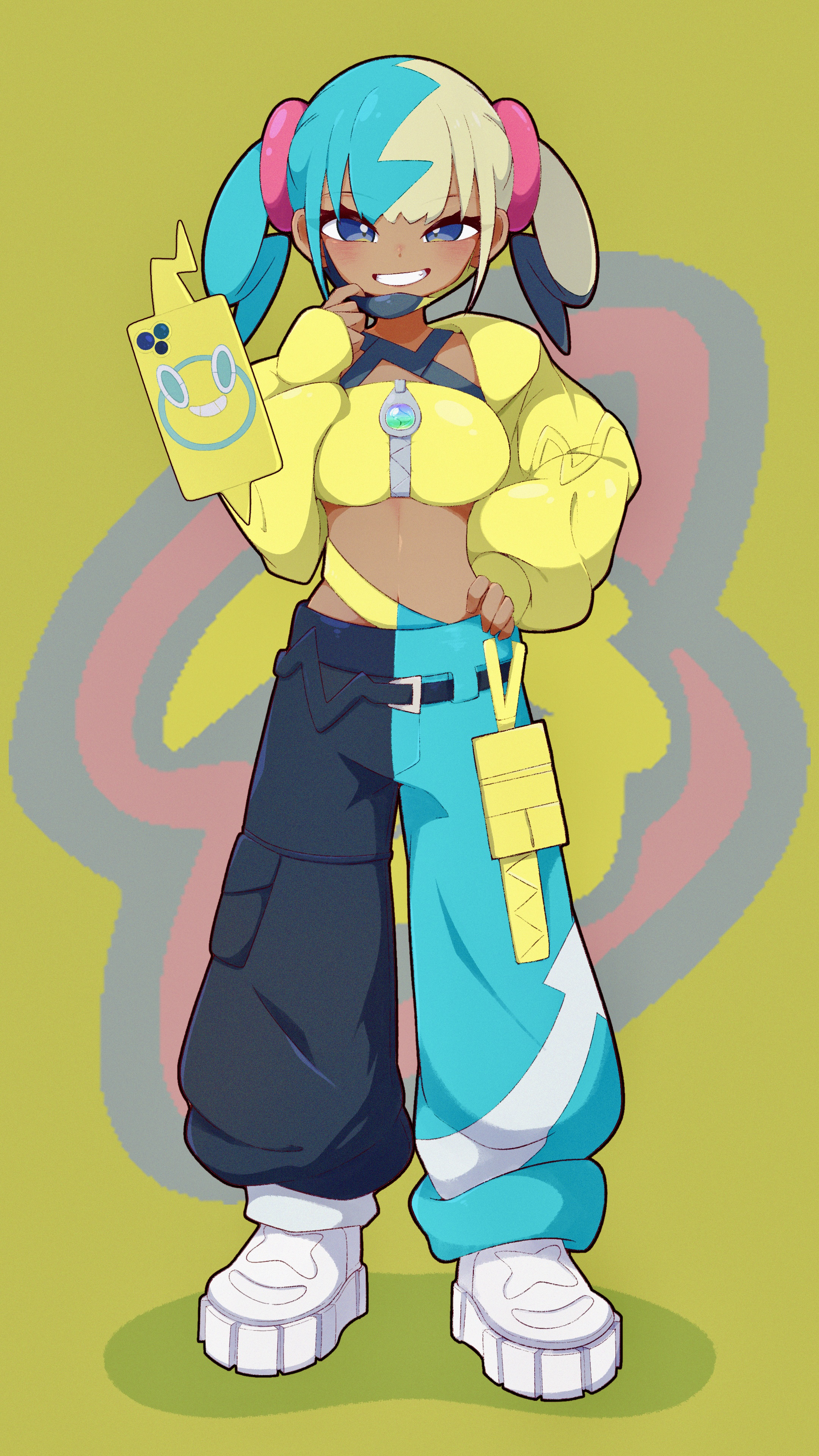 afuron, canari (pokemon), rotom, rotom phone, nintendo, pokemon, pokemon legends: z-a, absurdres, commentary request, highres, 1girl, bandeau, belt, black belt, blue eyes, gen 4 pokemon, grin, hand on own hip, hand up, jacket, long sleeves, looking at viewer, mask, mask pull, mouth mask, multicolored hair, pants, shoes, smile, standing, teeth, twintails, white shoes, yellow bandeau, yellow jacket, zipper, zipper pull tab