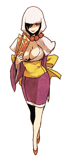 rao, tsuzurao, ookami (game), 1girl, black hair, breasts, cleavage, female focus, hood, huge breasts, japanese clothes, large breasts, mole, ofuda, solo