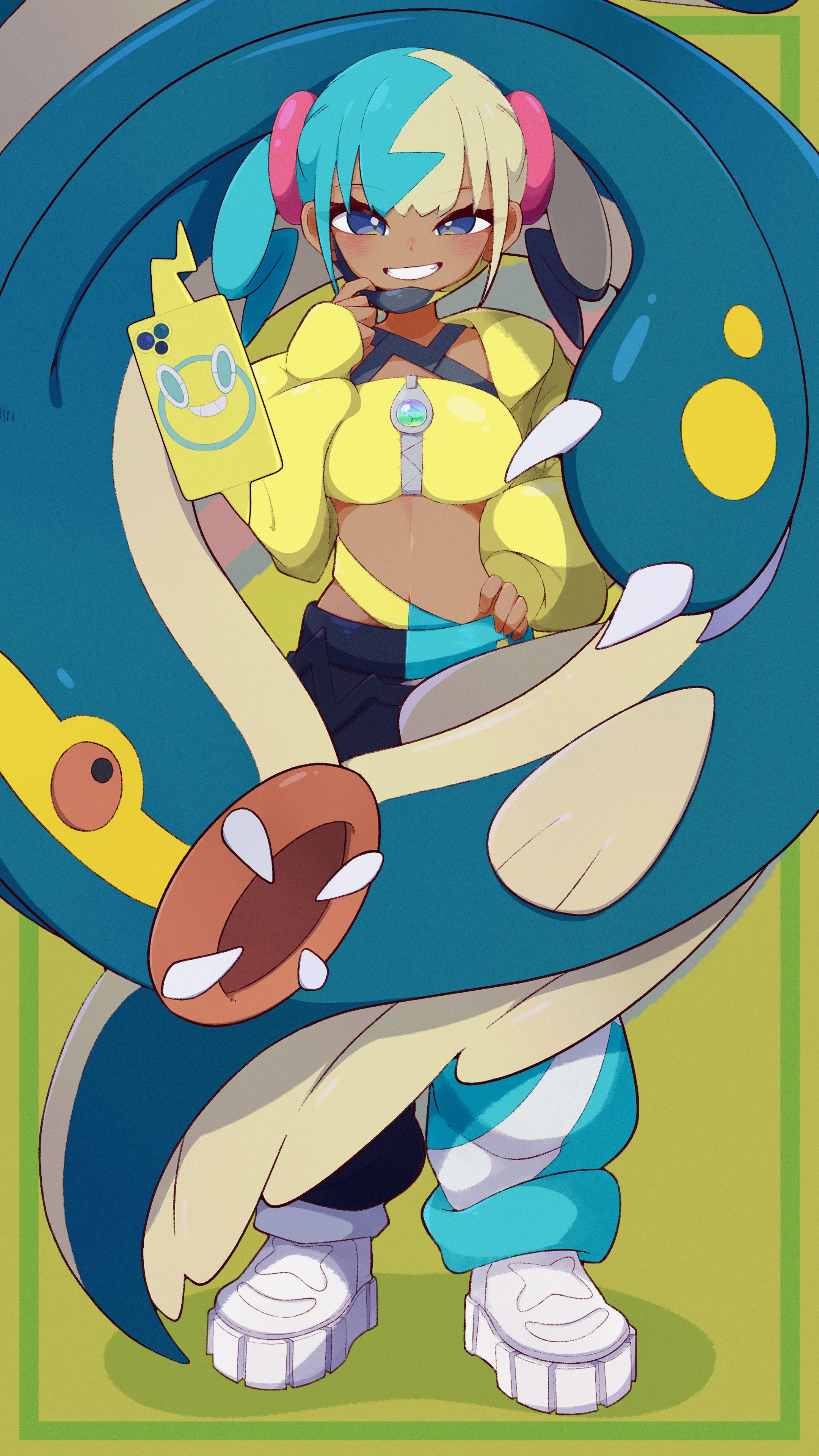 afuron, canari (pokemon), eelektross, rotom, rotom phone, nintendo, pokemon, pokemon legends: z-a, absurdres, commentary request, highres, 1girl, bandeau, blue eyes, gen 4 pokemon, gen 5 pokemon, grin, hand on own hip, hand up, jacket, looking at viewer, mask, mask pull, mouth mask, multicolored hair, pants, shoes, smile, standing, teeth, twintails, white shoes, yellow bandeau, yellow jacket, zipper, zipper pull tab