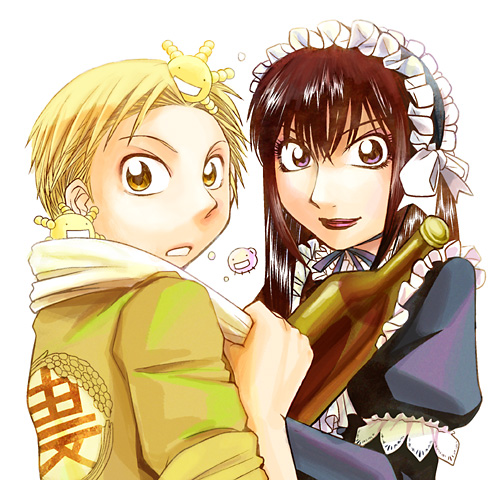 yuki (kinkoi), yuki (pixiv4446), oryzae-tan, sawaki souemon tadayasu, yuuki kei, moyashimon, lowres, 2boys, alcohol, black hair, blonde hair, bottle, bow, brown eyes, crossdressing, crossdressing (mtf), frills, goth fashion, gothic lolita, hairband, lips, lipstick, lolita fashion, long hair, makeup, male focus, multiple boys, short hair, trap, wine