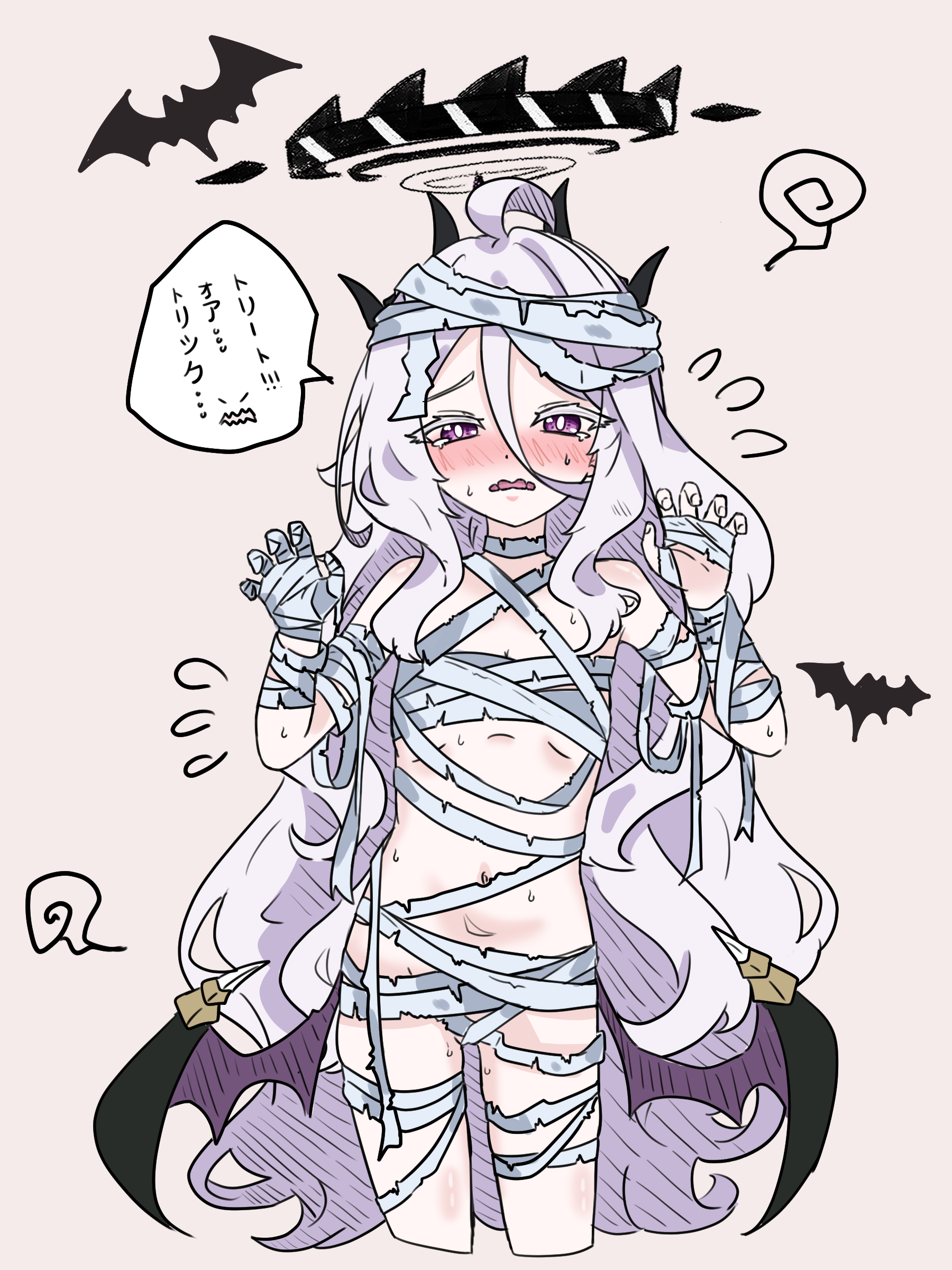 e v e neko, hina (blue archive), blue archive, absurdres, commentary, highres, 1girl, blush, flat chest, halo, horns, long hair, mummy costume, purple eyes, solo, trick or treat, white hair, wings