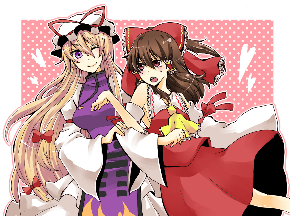 motimoti, hakurei reimu, yakumo yukari, touhou, bad id, bad pixiv id, 2girls, black hair, blonde hair, bow, detached sleeves, female focus, hair bow, hat, japanese clothes, long hair, miko, multiple girls, purple eyes, wink