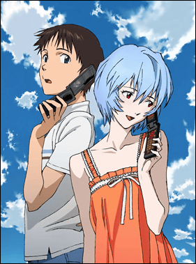 ayanami rei, ikari shinji, neon genesis evangelion, lowres, 1boy, 1girl, blue eyes, blue hair, blue sky, brown hair, cellphone, cloud, cloudy sky, collarbone, dress, holding, open mouth, pale skin, phone, red eyes, ribbon, shirt, short hair, short sleeves, sky, sleeveless, talking on phone, white ribbon, white shirt