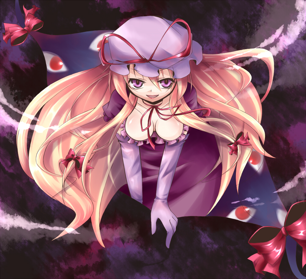 nekomoto, yakumo yukari, touhou, 1girl, blonde hair, breasts, cleavage, dress, female focus, gap (touhou), gloves, hat, large breasts, purple eyes, ribbon, smile, solo, you gonna get raped