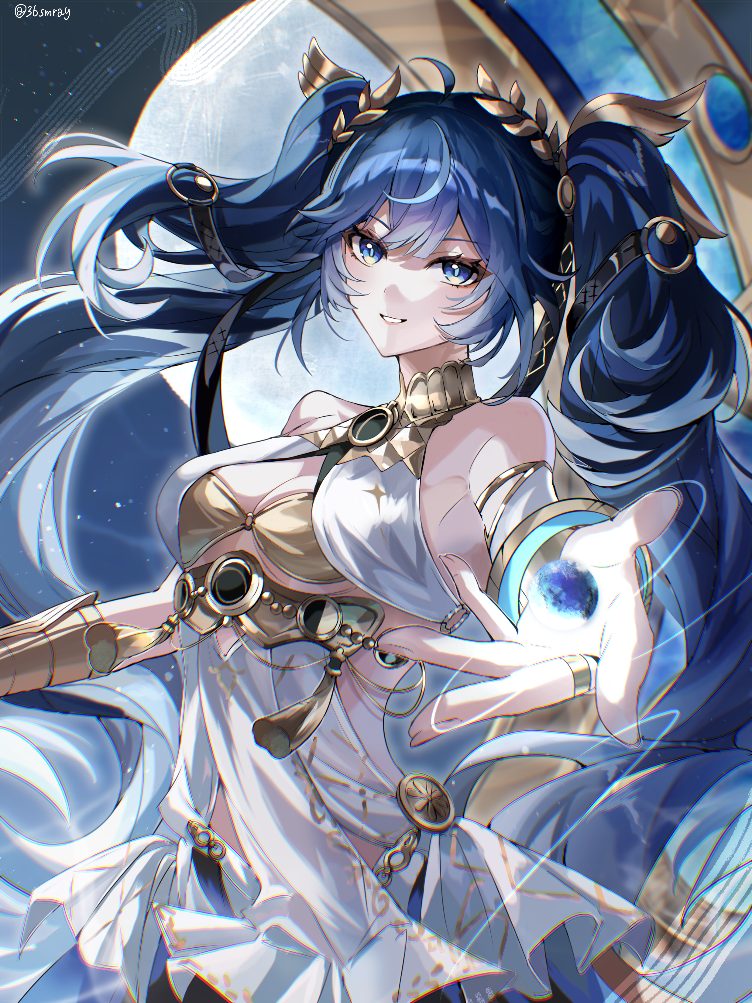 ray (36smray), iuno (wuthering waves), wuthering waves, absurdres, commentary, highres, 1girl, ahoge, ancient greek clothes, bare shoulders, blue eyes, blue hair, breasts, cleavage, fingernails, full moon, gold bra, gradient hair, greco-roman clothes, laurel crown, looking at viewer, medium breasts, moon, multicolored hair, orb, outstretched arm, parted lips, smile, solo, twintails, twitter username, upper body, vambraces