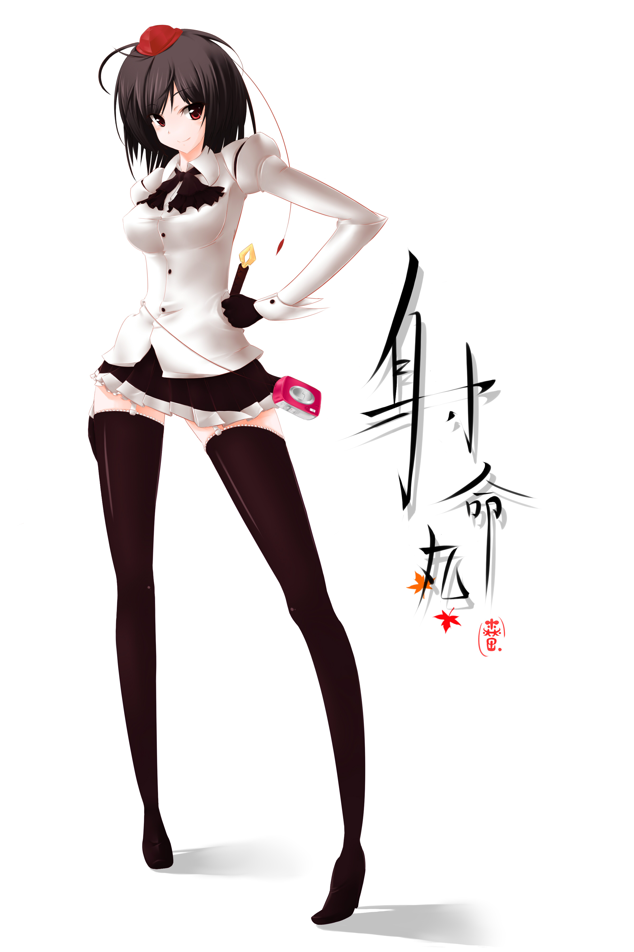 moritomoetomomi, shameimaru aya, touhou, absurdres, bad id, bad pixiv id, highres, 1girl, black hair, breasts, female focus, full body, garter straps, hand on own hip, hat, hip focus, red eyes, skirt, solo, sunbaba, thighhighs, white background, zettai ryouiki