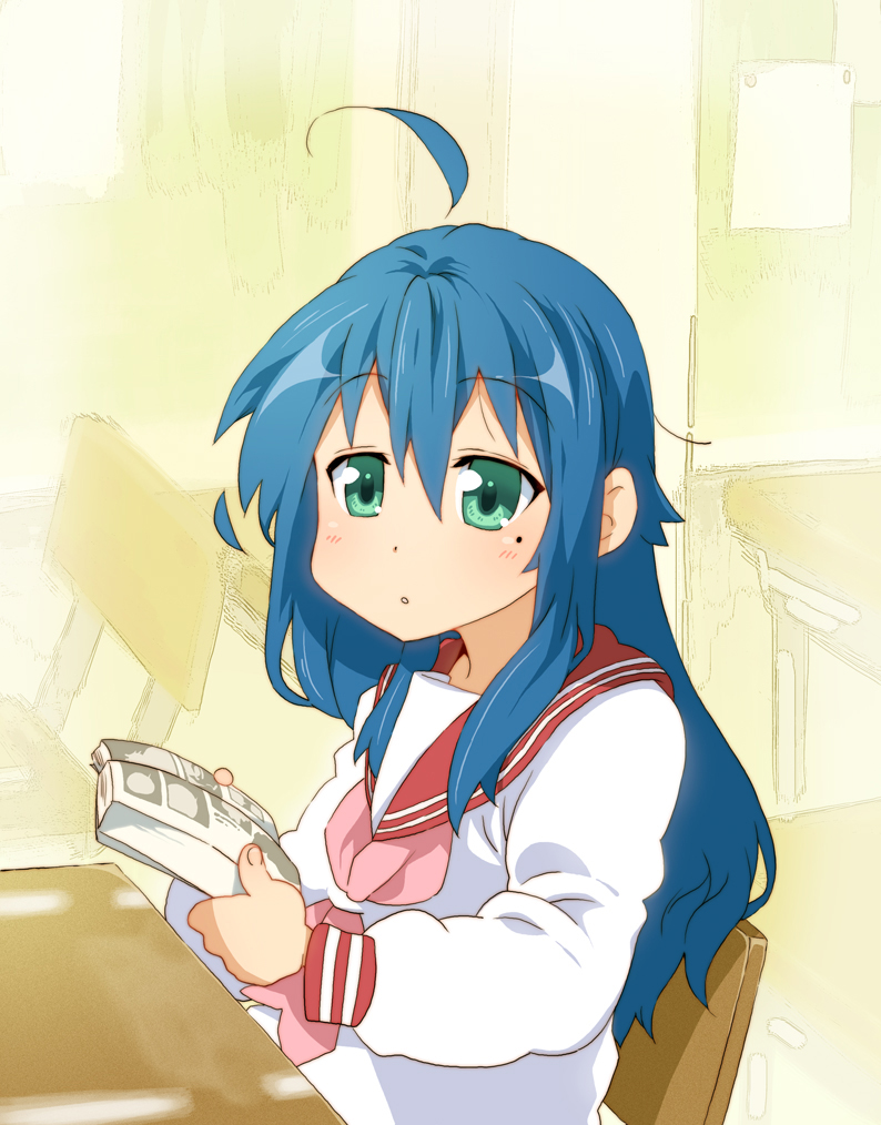 takanashi ringo, izumi konata, lucky star, 00s, 1girl, ahoge, blue hair, book, female focus, green eyes, long hair, mole, mole under eye, open book, reading, school uniform, serafuku, solo