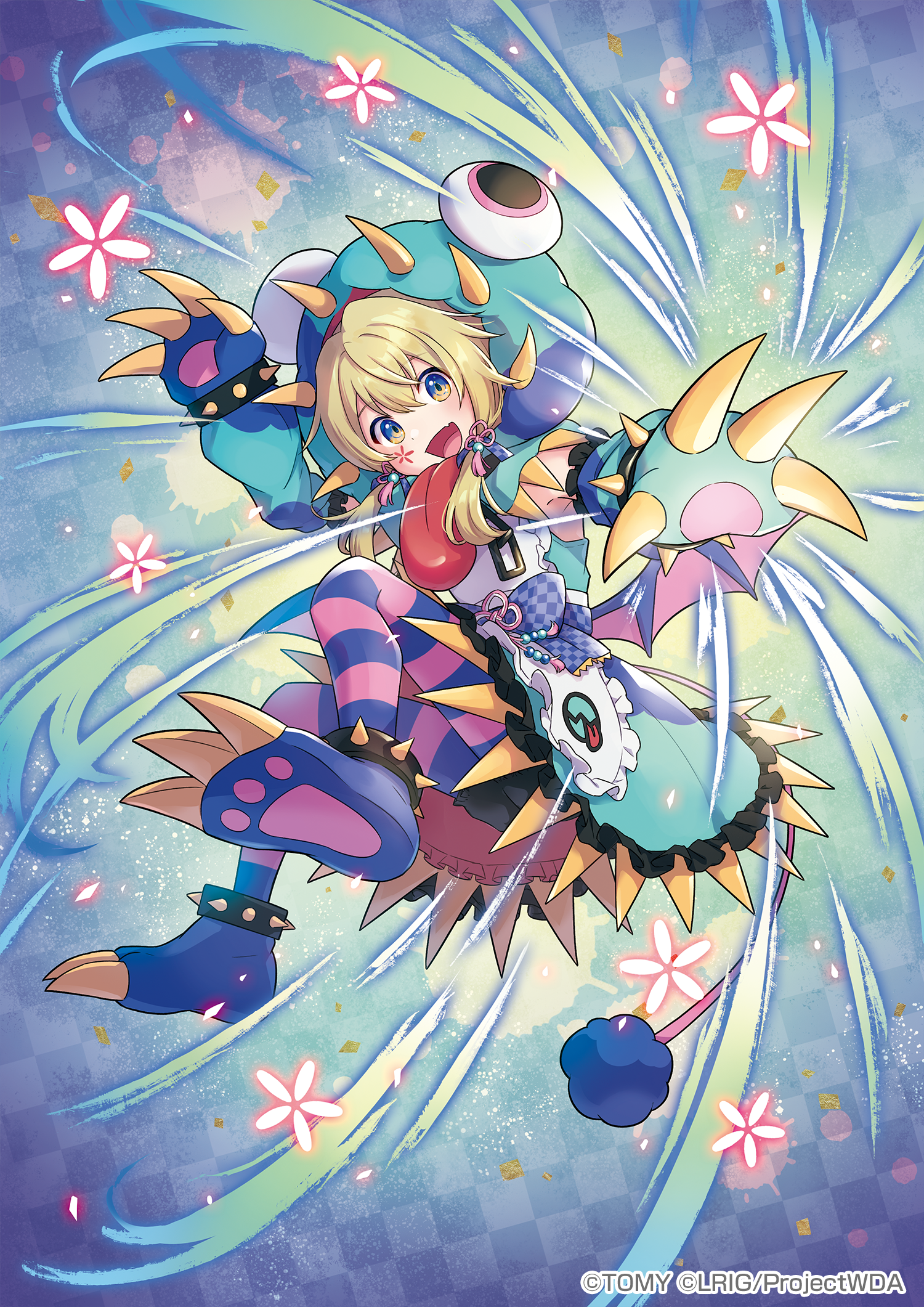 peron (niki2ki884), wixoss, highres, official art, 1girl, blonde hair, copyright notice, dr. tamago, fang, looking at viewer, medium hair, open mouth, pantyhose, pink pantyhose, purple eyes, purple pantyhose, skin fang, smile, solo, striped clothes, striped pantyhose