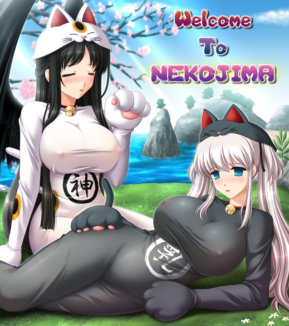 kafu (logaemon), morrighan, nao (mabinogi), mabinogi, 2girls, animal ears, animal hands, black hair, blue eyes, blush, breasts, cat ears, cat paws, closed eyes, collar, covered erect nipples, dress, huge breasts, long hair, multiple girls, nipples, see-through clothes, skin tight, twintails, white hair, wings