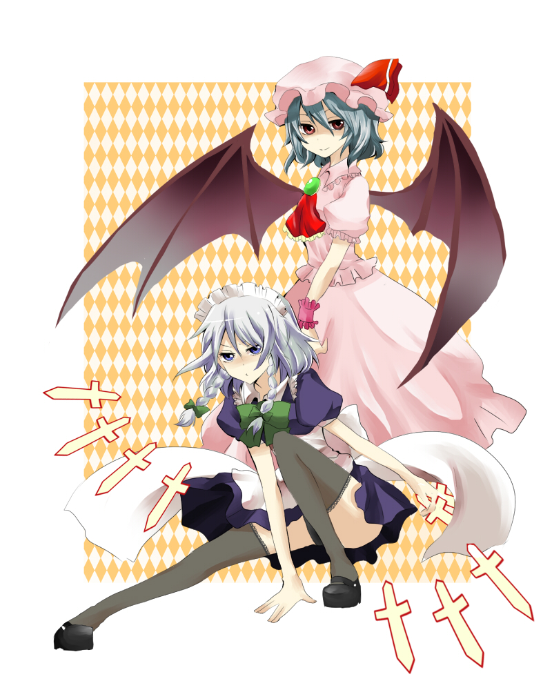 motimoti, izayoi sakuya, remilia scarlet, touhou, silver hair, bad id, bad pixiv id, 2girls, ascot, bat wings, blue eyes, blue hair, bow, braid, brooch, dress, female focus, frilled shirt, frilled shirt collar, frilled sleeves, frills, hair bow, hat, hat ribbon, jewelry, knife, looking at viewer, maid, maid headdress, mob cap, multiple girls, pink dress, puffy short sleeves, puffy sleeves, red eyes, red ribbon, ribbon, shirt, shoes, short hair, short sleeves, smile, thighhighs, twin braids, wings, wrist cuffs