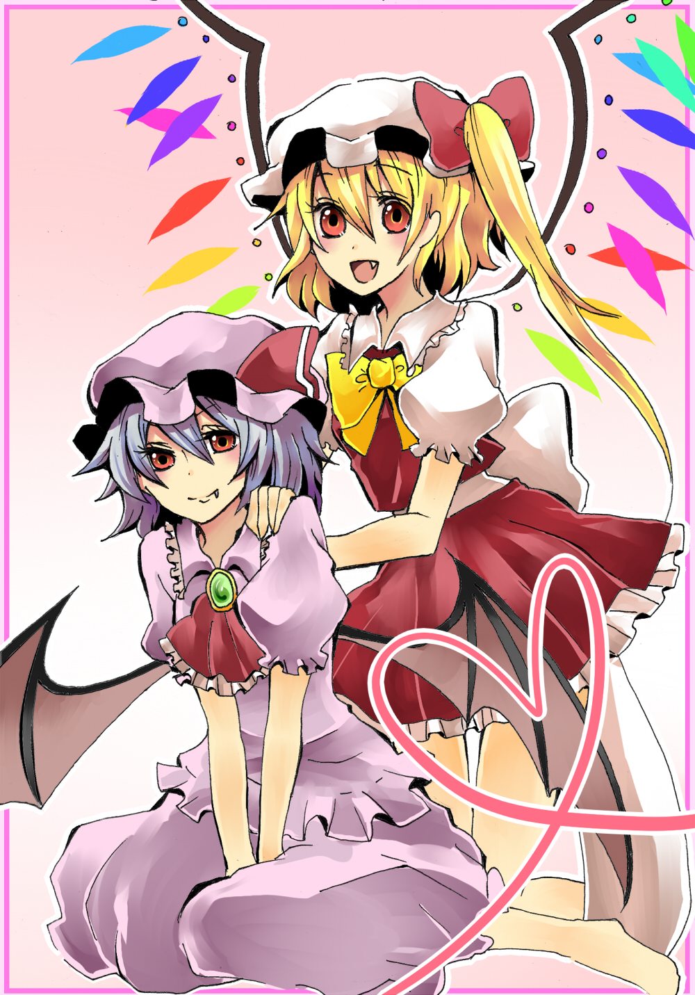 motimoti, flandre scarlet, remilia scarlet, touhou, bad id, bad pixiv id, highres, 2girls, blonde hair, blue hair, fang, female focus, hat, heart, heart of string, multiple girls, red eyes, short hair, siblings, side ponytail, sisters, wings