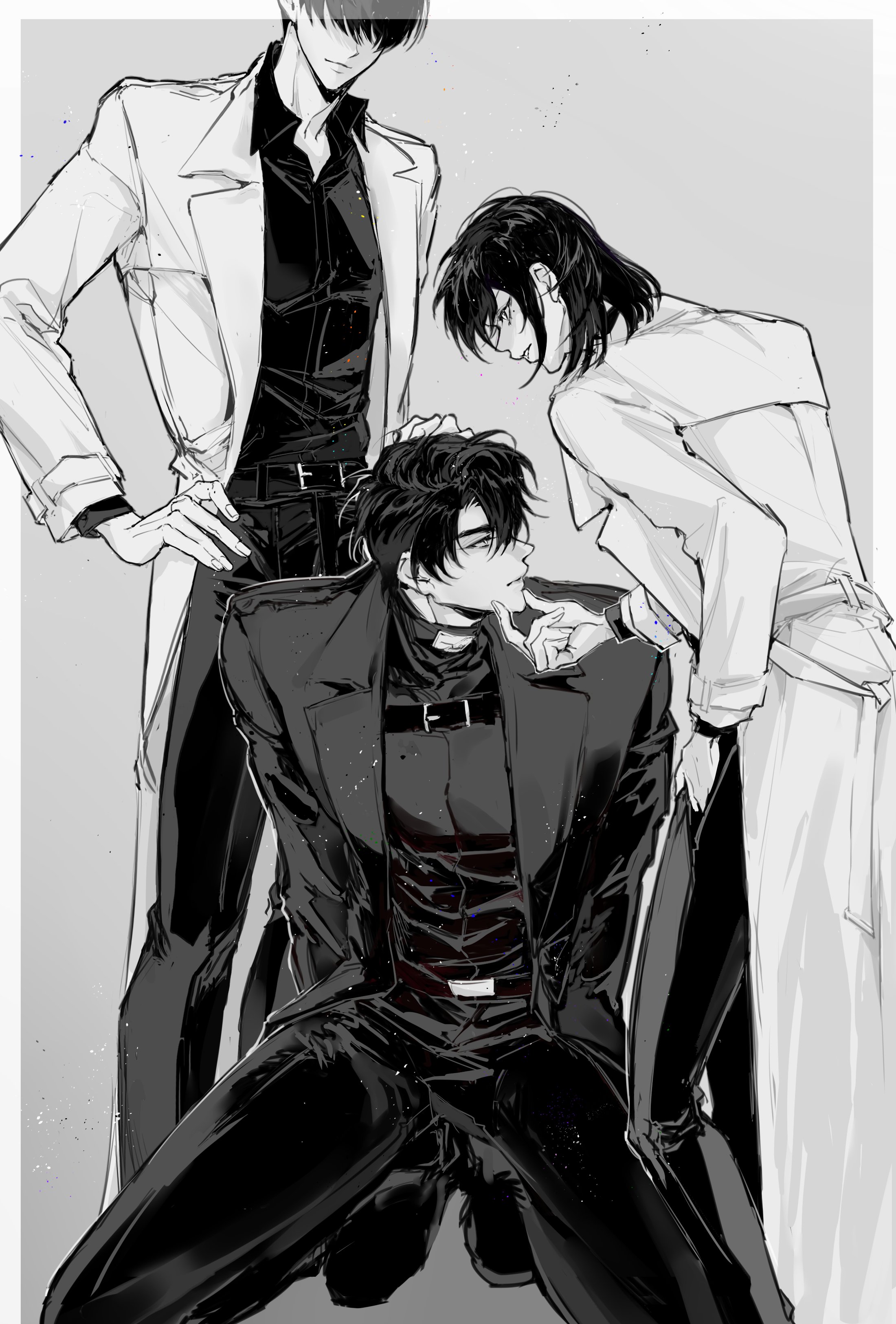 rhyme1863, han sooyoung, kim dokja, yoo joonghyuk, omniscient reader's viewpoint, absurdres, hashtag-only commentary, highres, 1girl, 2boys, arms behind back, black coat, black hair, black shirt, bob cut, border, bound, coat, collared shirt, curtained hair, full body, hair between eyes, hand on another's chin, height difference, kneeling, light particles, looking at another, multiple boys, open clothes, open coat, outside border, popped collar, shirt, short hair, smirk, standing, tied up (nonsexual), white border, white coat