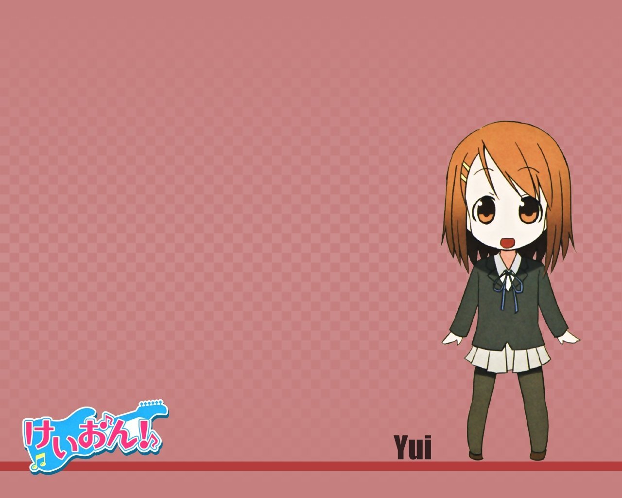 kakifly, hirasawa yui, k-on!, 00s, 1girl, brown eyes, brown hair, chibi, female focus, hair ornament, hairclip, pantyhose, sakuragaoka high school uniform, school uniform, short hair, solo, standing