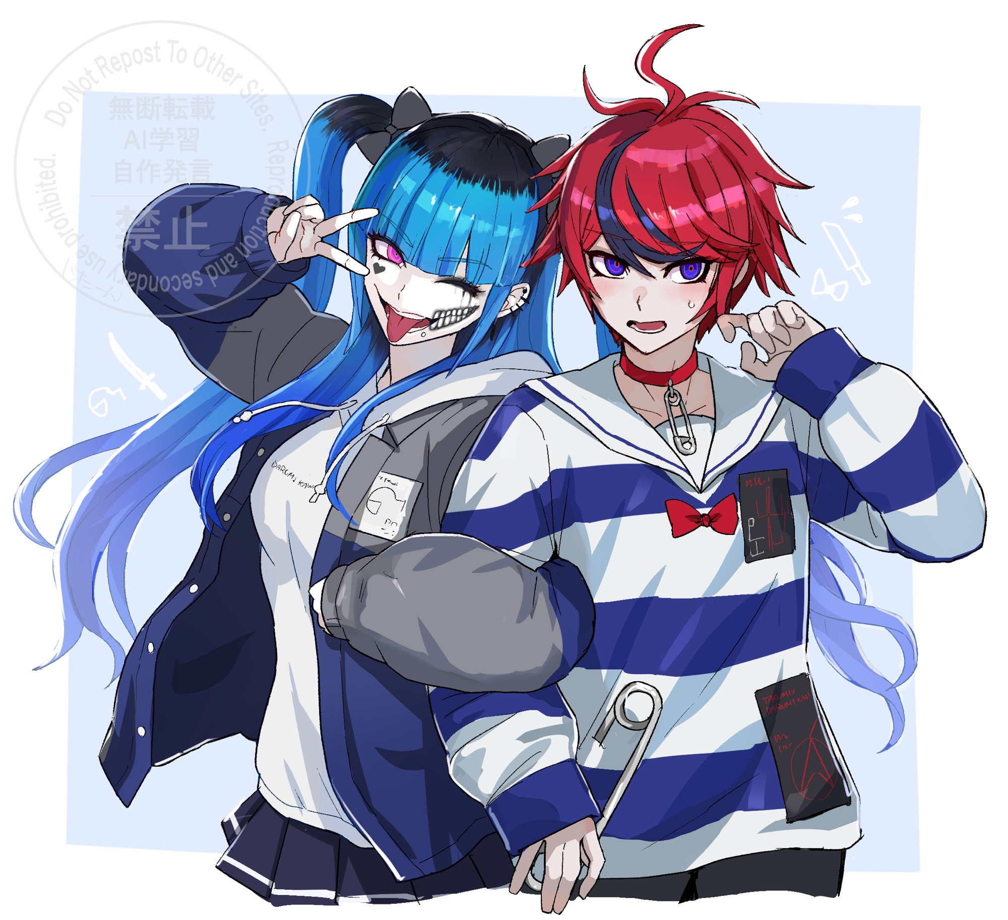 kakikuyeko3181, amemiya darumi, sumino takumi, the hundred line -last defense academy-, commentary, highres, 1boy, 1girl, ahoge, arm up, black bow, black hair, black pants, black skirt, black streaks, blue background, blue eyes, blue hair, blue jacket, border, bow, choker, cosplay, costume switch, cropped legs, facial mark, grey jacket, hair bow, hand up, heart, heart facial mark, hood, hoodie, jacket, jacket over hoodie, light blush, locked arms, long hair, makeup, multicolored hair, multicolored jacket, open clothes, open jacket, outside border, pants, pink eyes, red bow, red choker, red hair, roots (hair), runny makeup, safety pin, shirt, short hair, skirt, streaked hair, striped clothes, striped shirt, sweatdrop, tongue, tongue out, twintails, two-tone jacket, v, v over eye, watermark, white border, white hoodie