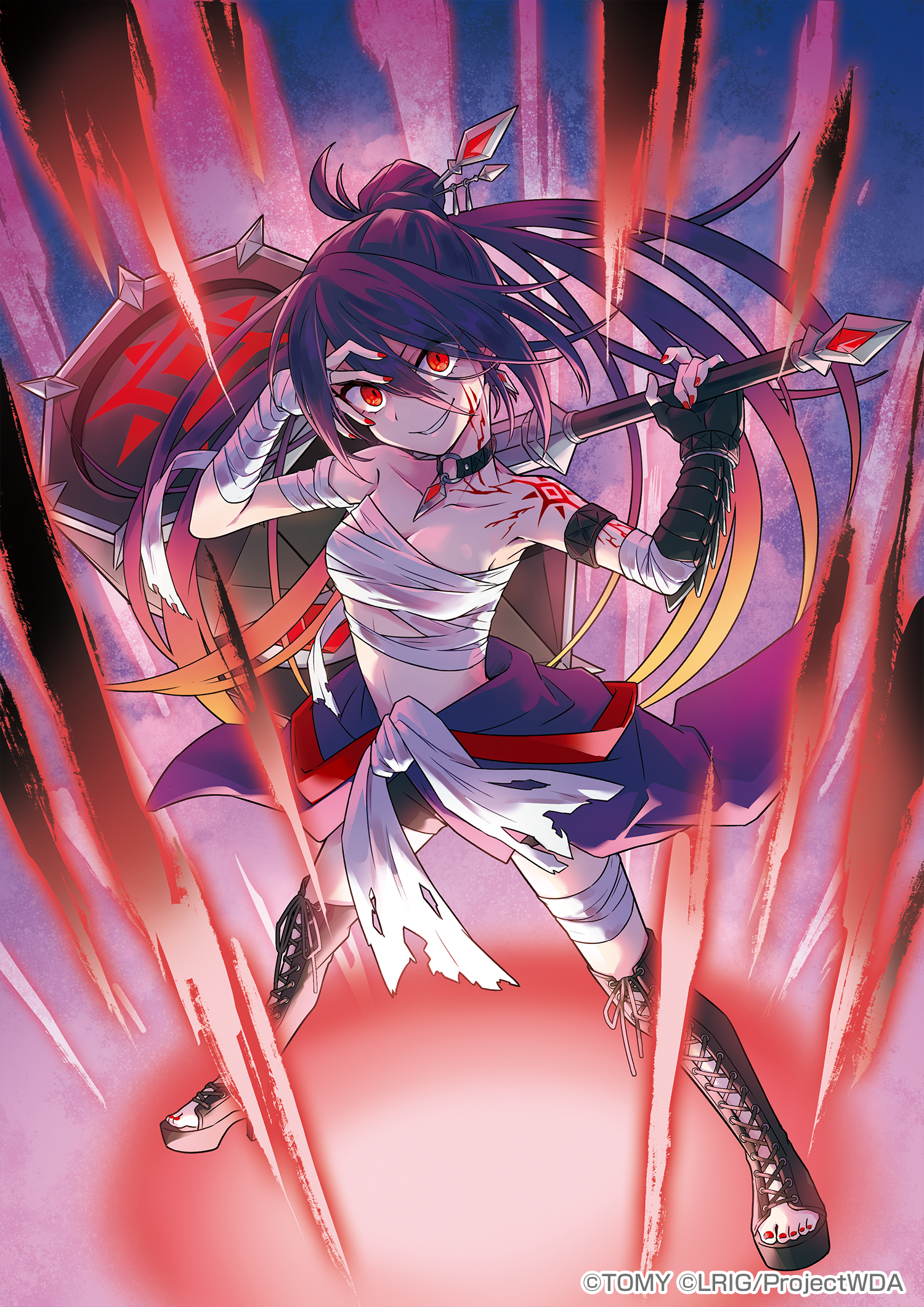 peron (niki2ki884), wixoss, highres, official art, 1girl, black boots, black choker, boots, breasts, chest sarashi, choker, cleavage, closed mouth, copyright notice, destro (wixoss), holding, holding weapon, long hair, looking at viewer, medium breasts, nail polish, o-ring, o-ring choker, open-toe boots, purple hair, red eyes, red nails, sarashi, smile, solo, very long hair, weapon