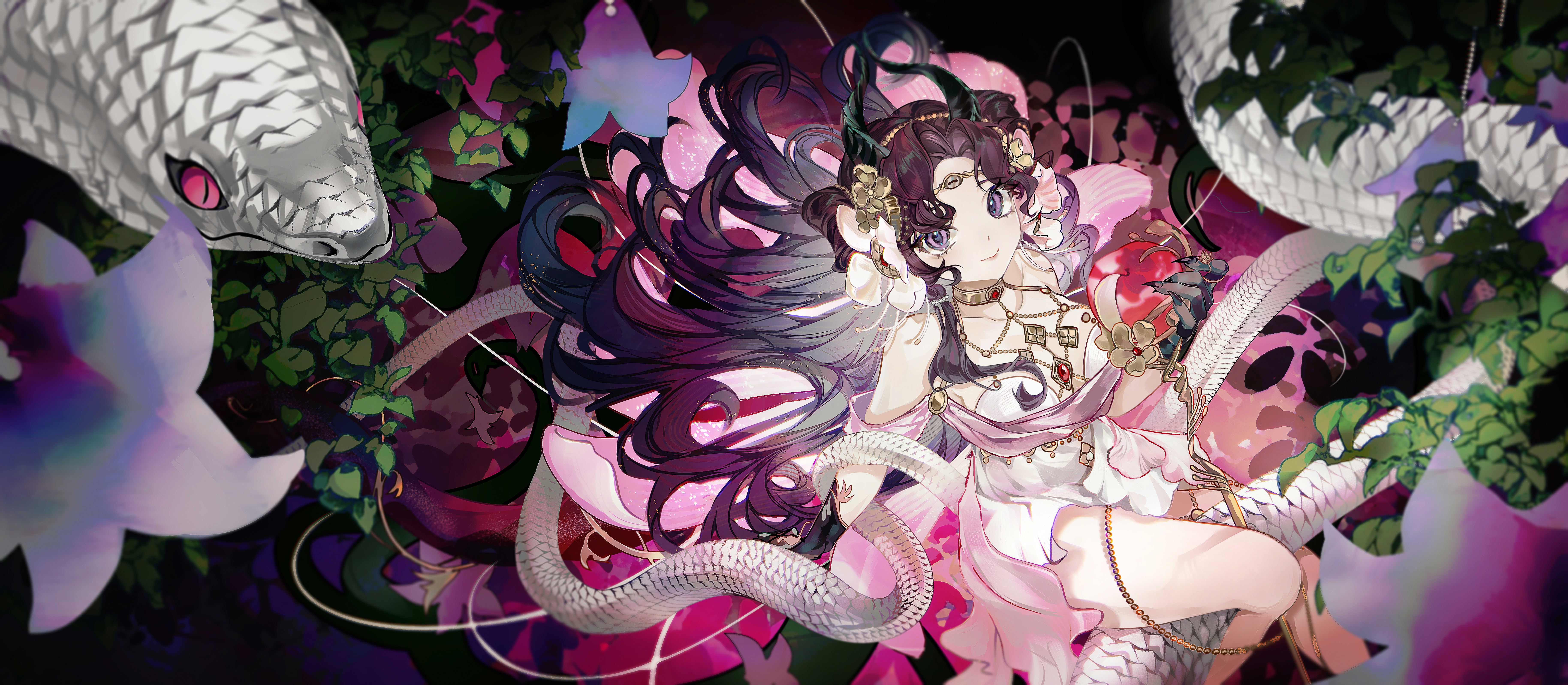 anjo nala, reverse:1999, absurdres, highres, 1girl, animal, apple, bare shoulders, black gloves, black hair, black horns, closed mouth, dark background, demon horns, dress, feet out of frame, flower, food, from above, fruit, giant snake, gloves, hair flower, hair ornament, hair spread out, hand up, holding, holding food, holding fruit, horns, long hair, nongsuo chadong, official alternate costume, oversized animal, plant, pole, purple eyes, short dress, sitting, sleeveless, sleeveless dress, smile, snake, solo, white dress, white flower