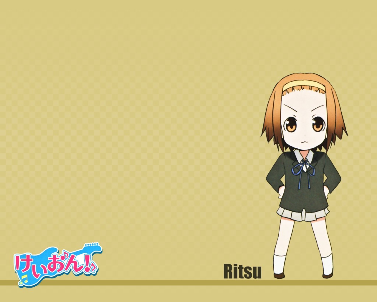 kakifly, tainaka ritsu, k-on!, 00s, 1girl, :3, brown eyes, brown hair, chibi, female focus, hairband, school uniform, short hair, solo, tomboy