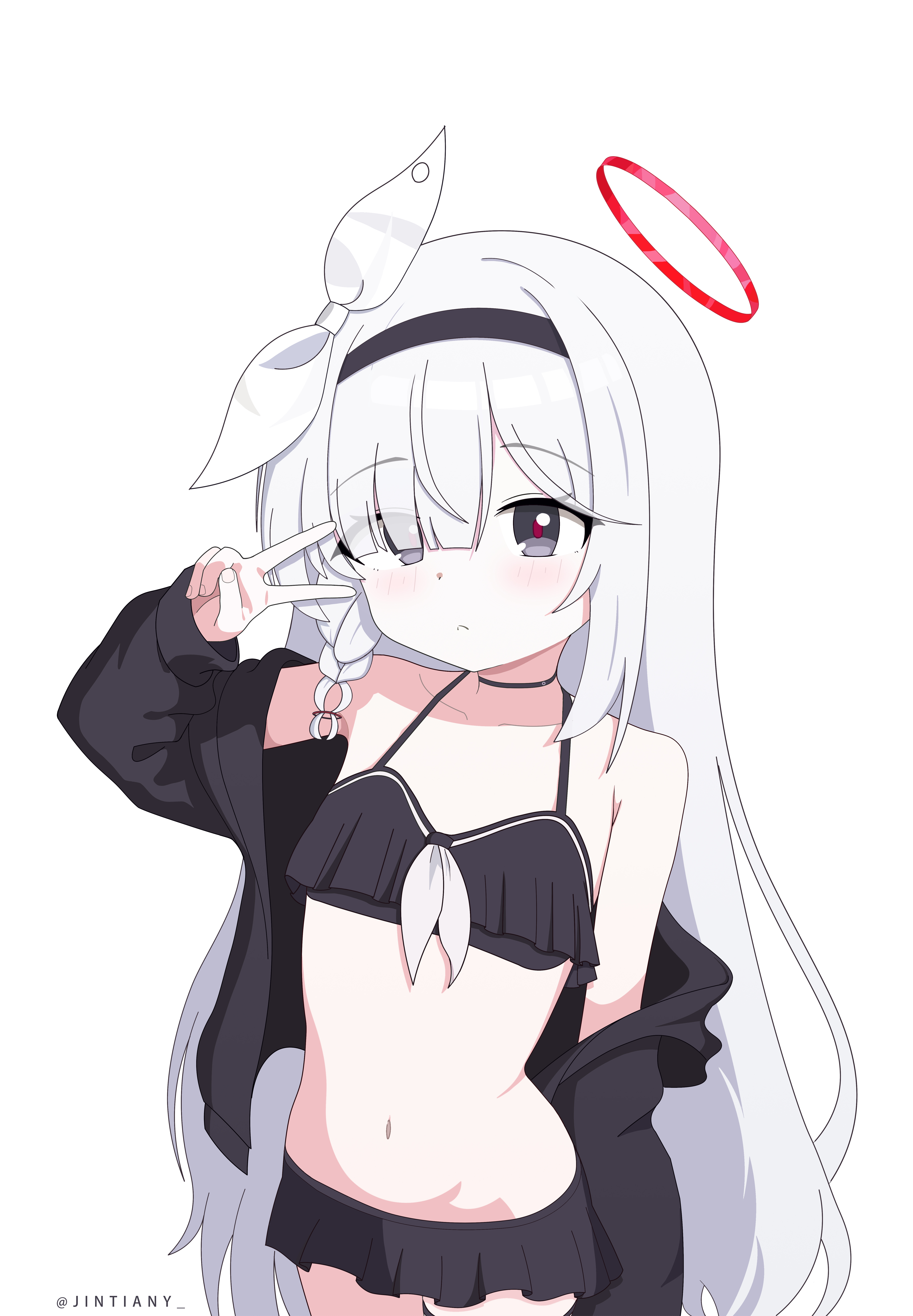 duochichufanghuashengmi, plana (blue archive), blue archive, absurdres, chinese commentary, commentary request, highres, partial commentary, variant set, 1girl, :<, alternate costume, arm at side, arm up, bikini, bikini skirt, black bikini, black choker, black hairband, black jacket, black skirt, bow, braid, choker, closed mouth, cowboy shot, expressionless, eyes visible through hair, flat chest, flipped bangs, grey eyes, hair bow, hair over one eye, hairband, halo, halterneck, jacket, jacket partially removed, light blush, long bangs, long hair, microskirt, navel, neckerchief, off shoulder, one eye covered, open clothes, open jacket, red halo, red pupils, ring hair ornament, side braid, simple background, skirt, standing, stomach, straight hair, swimsuit, twitter username, v, v over eye, very long hair, white background, white bow, white hair, white neckerchief