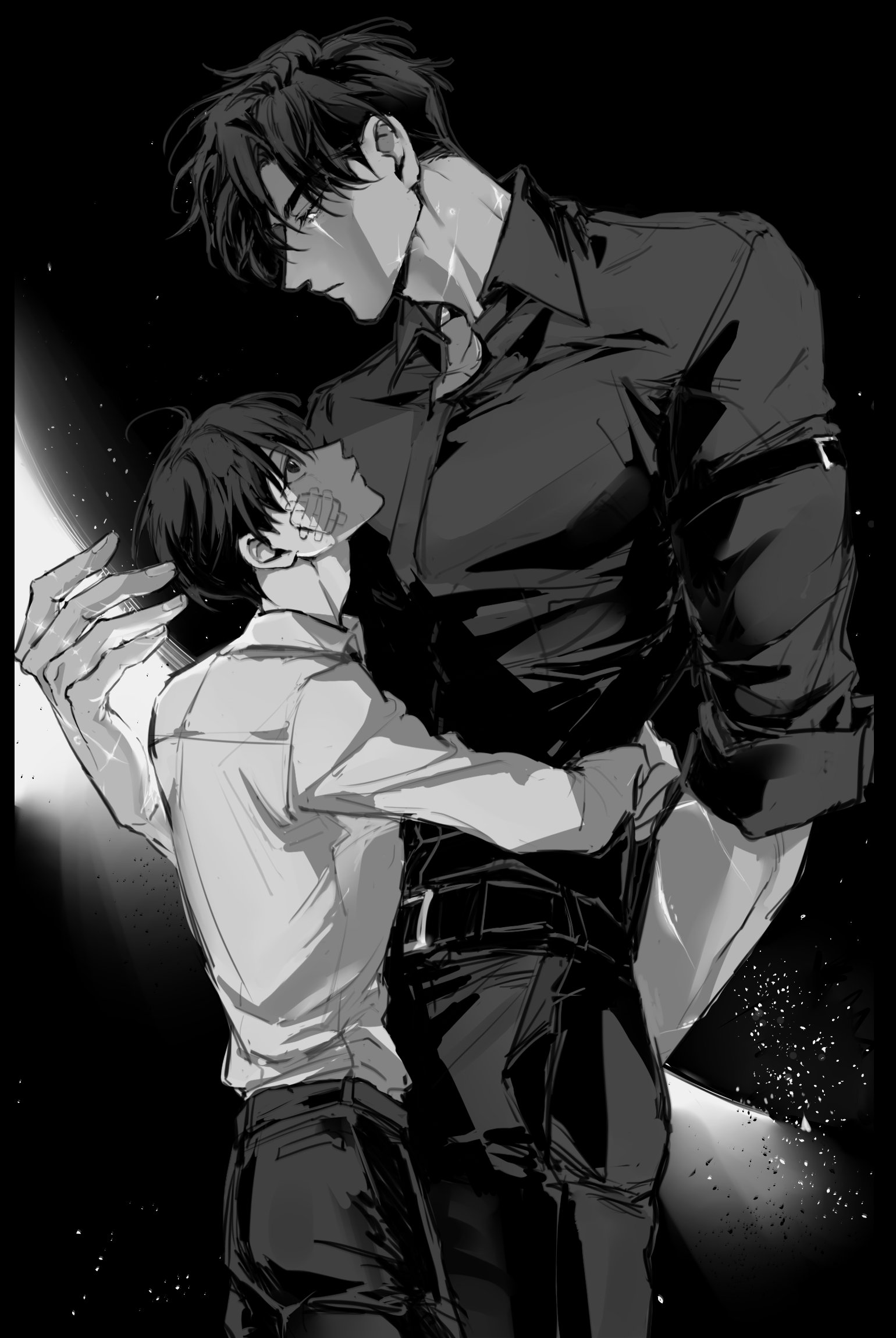 rhyme1863, kim dokja, oldest dream, secretive plotter, yoo joonghyuk, omniscient reader's viewpoint, commentary, english commentary, highres, 2boys, arm behind back, bandage on face, bandages, black hair, black shirt, collared shirt, cowboy shot, curtained hair, greyscale, hand up, height difference, hug, large hands, looking at another, male focus, monochrome, multiple boys, muscular, muscular male, scar, scar across eye, scar on face, shirt, short hair, sky, sleeves rolled up, space, star (sky), starry sky, white shirt