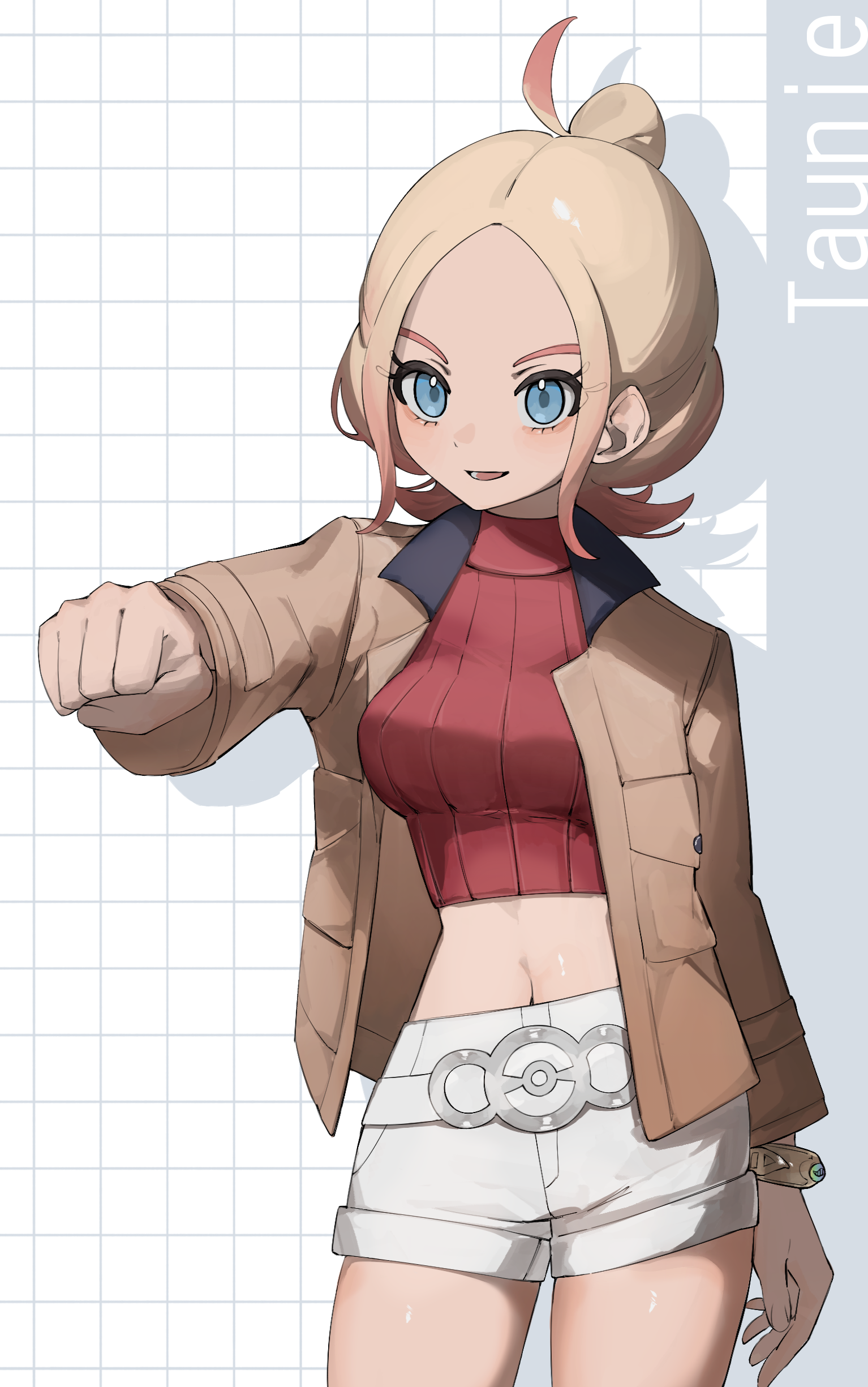 momori0118, taunie (pokemon), nintendo, pokemon, pokemon legends: z-a, absurdres, commentary request, highres, 1girl, belt, blonde hair, blue eyes, bracelet, breasts, brown jacket, character name, clenched hand, collared jacket, cropped shirt, eyelashes, grid background, jacket, jewelry, long sleeves, navel, open clothes, open jacket, open mouth, outstretched arm, red shirt, ribbed shirt, shirt, shorts, sidelocks, smile, solo, white belt, white shorts