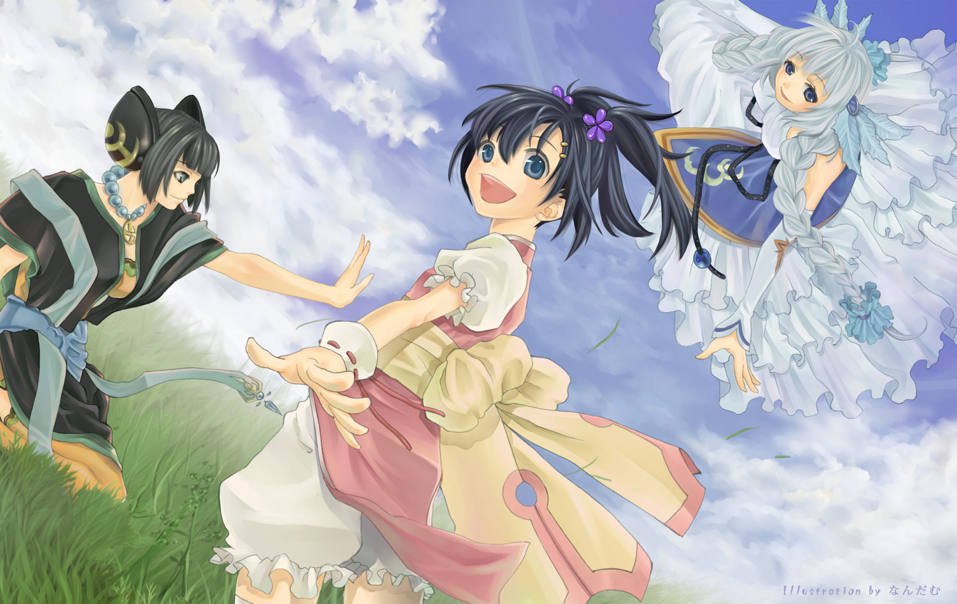 nandamu, highres, 3girls, black hair, blue eyes, braid, grass, green eyes, happy, multiple girls, short hair, twin braids