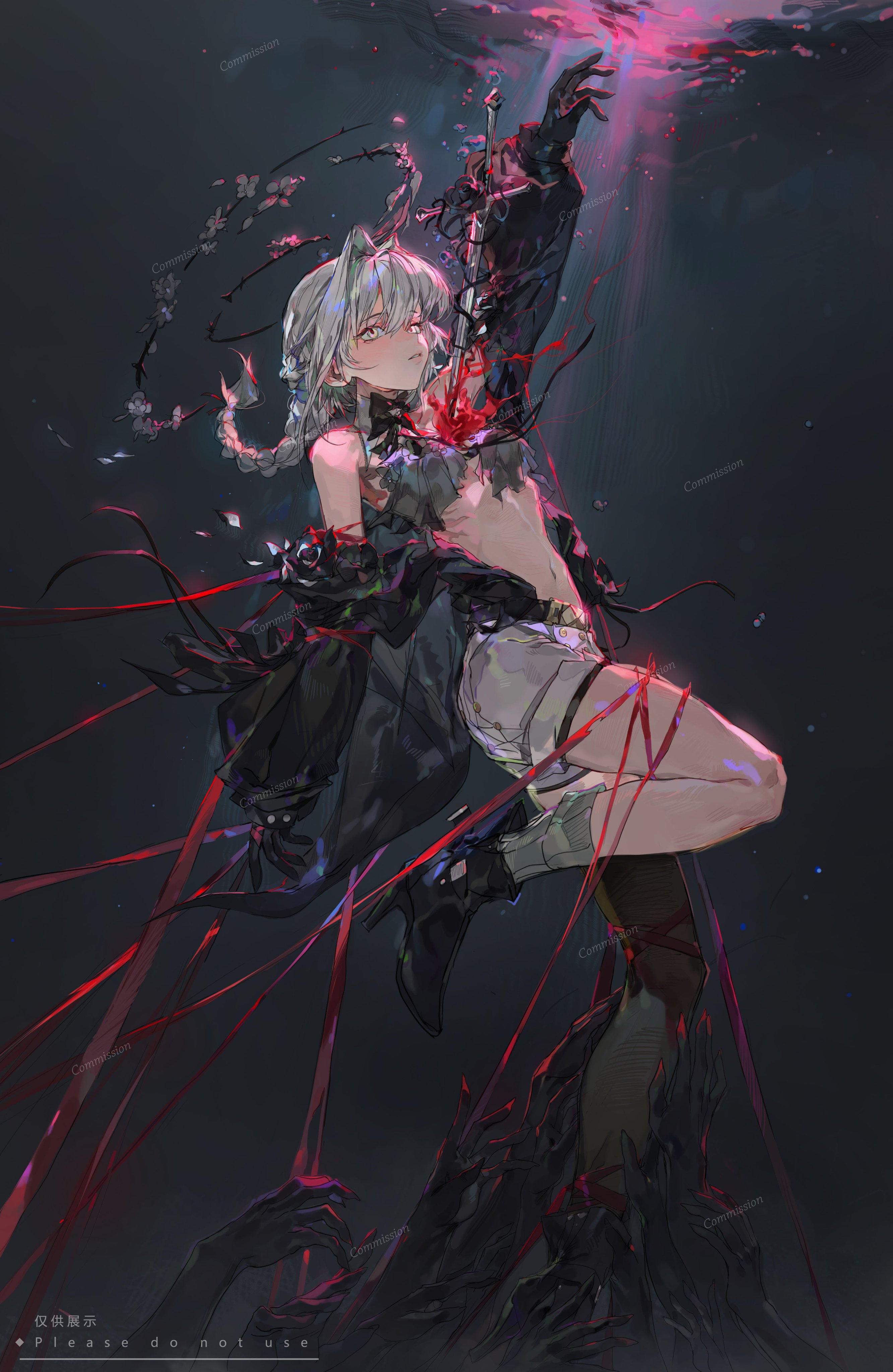 qingfeng canying, original, absurdres, chinese commentary, commentary request, commission, highres, making-of available, 1girl, ankle boots, arm up, bare shoulders, black boots, black bow, black bowtie, black flower, black gloves, black halo, black rose, black shirt, black thighhighs, boots, bow, bowtie, braid, double halo, flower, full body, gloves, grey hair, grey socks, hair between eyes, halo, high heels, legs, long hair, looking up, navel, open clothes, open shirt, parted lips, rose, shirt, short shorts, shorts, single braid, single thighhigh, socks, stomach, submerged, thighhighs, thighs, torn clothes, white flower, white shorts, yellow eyes