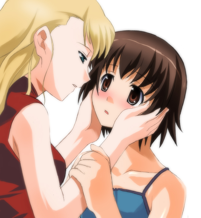 umekichi, mireille bouquet, yuumura kirika, noir (anime), bad id, bad pixiv id, 00s, 2girls, bare shoulders, blonde hair, blush, bob cut, brown eyes, brown hair, eye contact, green eyes, hands on another's face, looking at another, multiple girls, short hair, simple background, sleeveless, sleeveless turtleneck, tank top, turtleneck, yuri