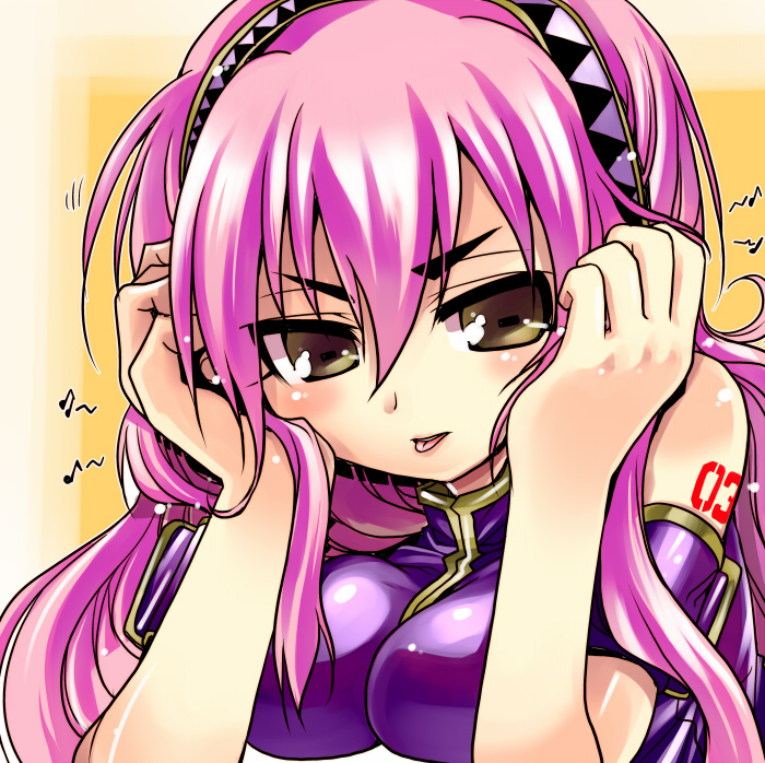 tokita monta, megurine luka, vocaloid, 1girl, :p, breasts, brown eyes, female focus, large breasts, pink hair, solo, tongue, tongue out