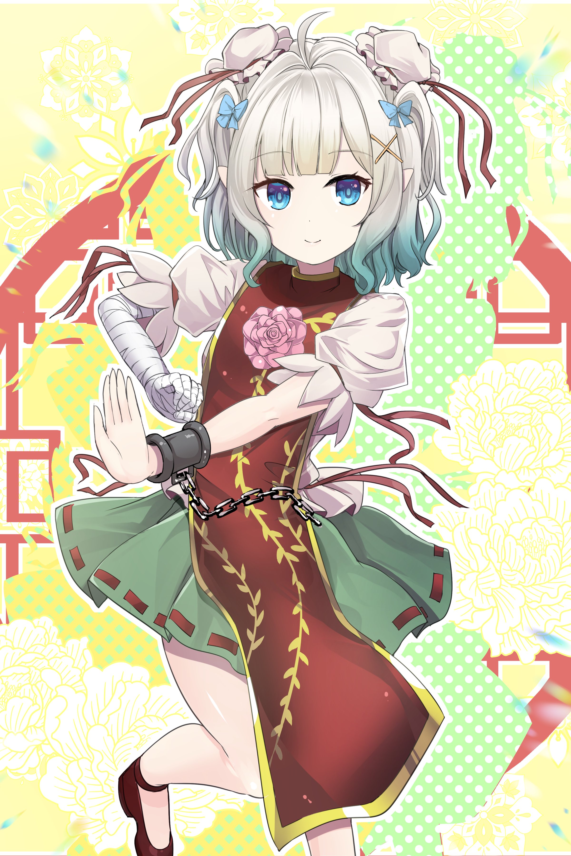 y2, ibaraki kasen, mint fantome, indie virtual youtuber, touhou, absurdres, commentary, commission, english commentary, highres, second-party source, skeb commission, variant set, 1girl, bandaged arm, bandages, blue bow, blue eyes, bow, brown shoes, bun cover, chain, cosplay, cuffs, double bun, flower, gradient hair, green hair, green skirt, hair bow, hair bun, hair ornament, ibaraki kasen (cosplay), multicolored hair, pink flower, pink rose, pointy ears, red tabard, rose, shackles, shoes, short hair, skirt, solo, tabard, two side up, virtual youtuber, white hair, x hair ornament