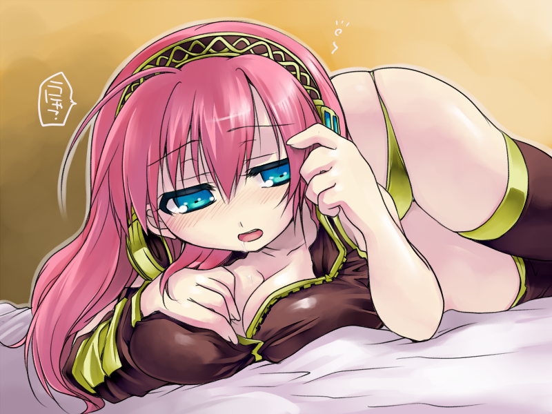 tokita monta, megurine luka, vocaloid, 1girl, blue eyes, blush, breasts, cleavage, female focus, headphones, headset, large breasts, long hair, panties, solo, thighhighs, underwear