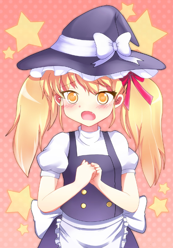greave (asterism), kirisame marisa, touhou, 1girl, alternate hairstyle, blonde hair, blush, fang, female focus, hair ribbon, hat, own hands together, ribbon, short hair, solo, twintails, witch, witch hat, yellow eyes