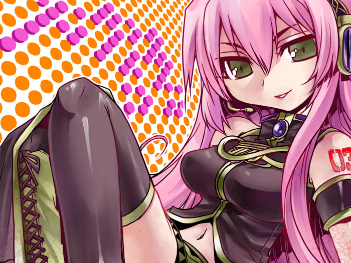 tokita monta, megurine luka, vocaloid, 1girl, breasts, brown eyes, cleavage, detached sleeves, female focus, headphones, headset, large breasts, pink hair, solo, thighhighs