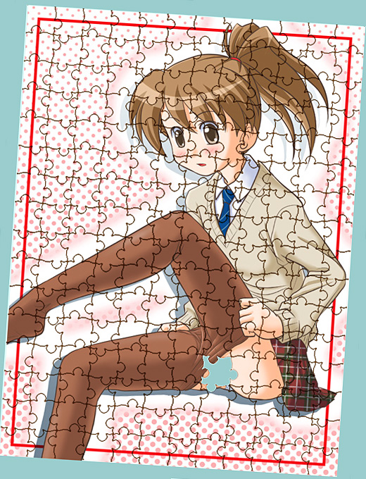 lielos, poniko (lielos), original, 1girl, blush, brown eyes, brown hair, censored, convenient censoring, dressing, female focus, jigsaw, jigsaw puzzle, necktie, novelty censor, pantyhose, puzzle, solo, sweater