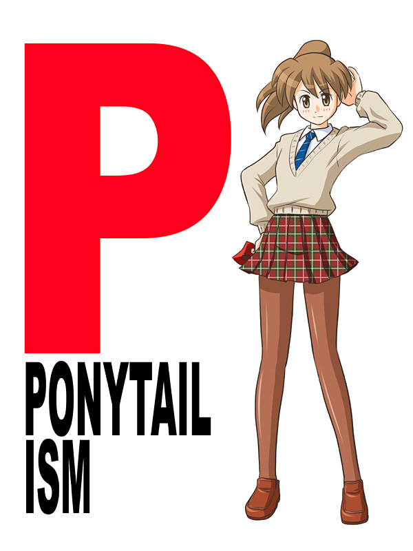 lielos, poniko (lielos), suzumiya haruhi, original, suzumiya haruhi no yuuutsu, brown hair, brown shoes, pantyhose, parody, plaid clothes, plaid skirt, ponytail, school uniform, shoes, skirt, solo, sweater