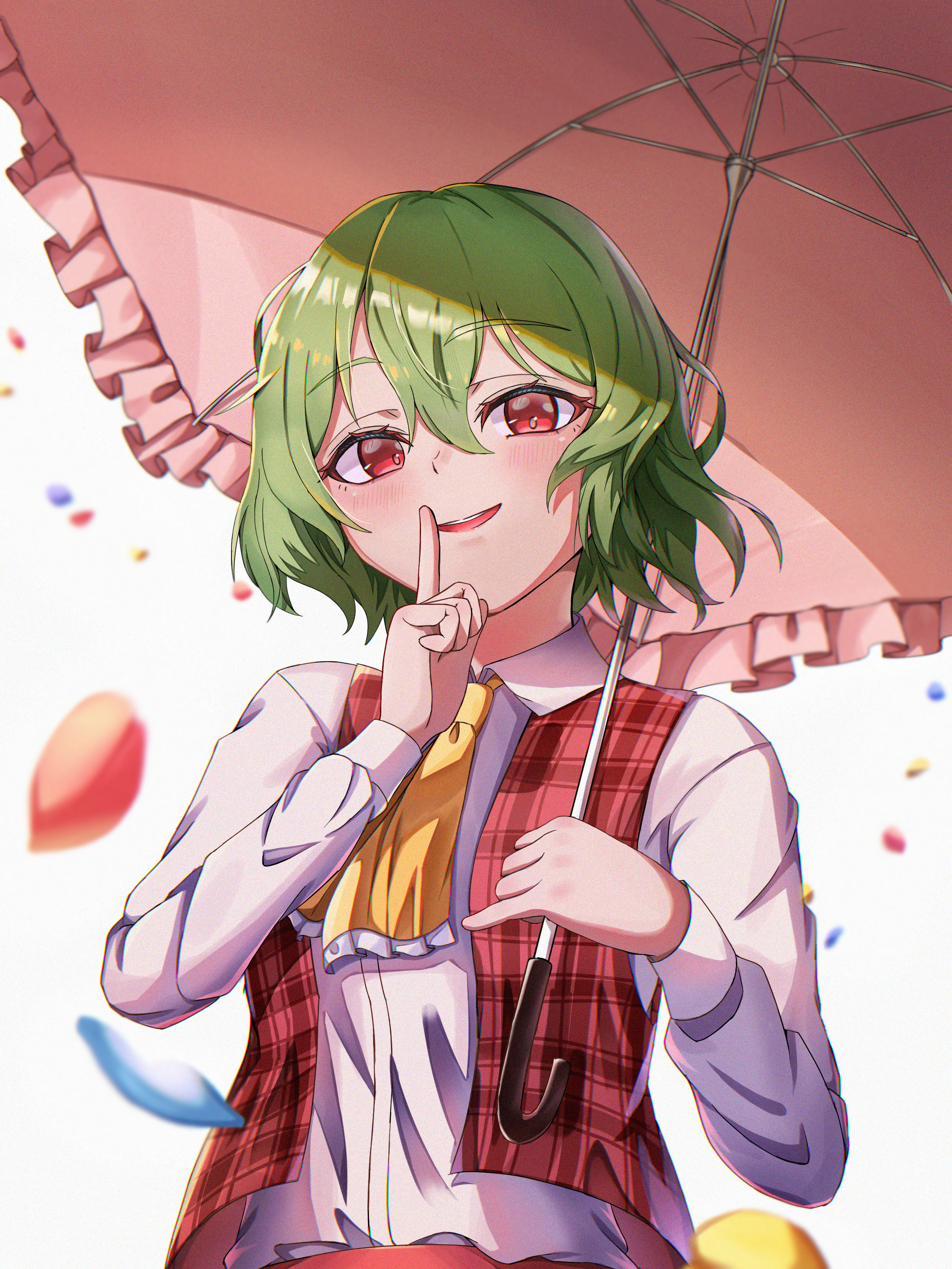 kazami yuuka, touhou, absurdres, highres, 1girl, ascot, blush, byoin kaiteki3, collared shirt, finger to mouth, green hair, long sleeves, open clothes, open vest, petals, pink umbrella, plaid clothes, plaid vest, red eyes, red vest, shirt, short hair, smile, solo, umbrella, upper body, vest, white background, white shirt