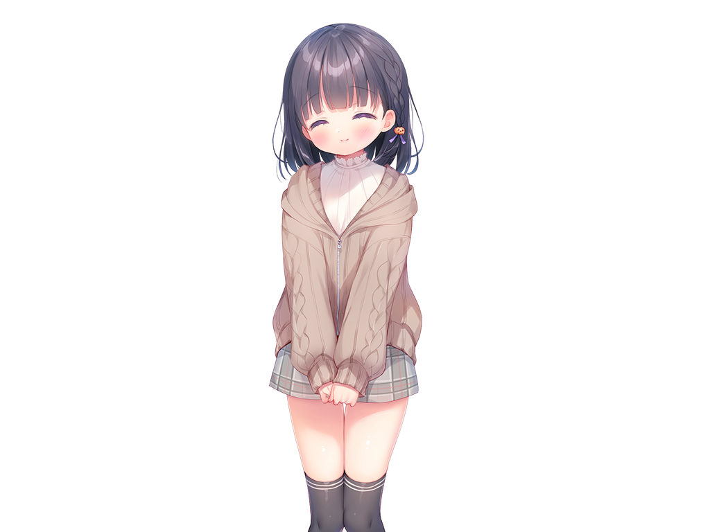 piyodera mucha, kazari (mainichi kiss shite lolita), mainichi kiss shite lolita, game cg, large variant set, non-web source, variant set, 1girl, ^ ^, black hair, black thighhighs, blunt bangs, blush, braid, brown cardigan, cardigan, closed eyes, closed mouth, facing viewer, feet out of frame, grey skirt, long sleeves, miniskirt, plaid clothes, plaid skirt, short hair, simple background, skirt, smile, solo, standing, sweater, tachi-e, thighhighs, transparent background, white sweater