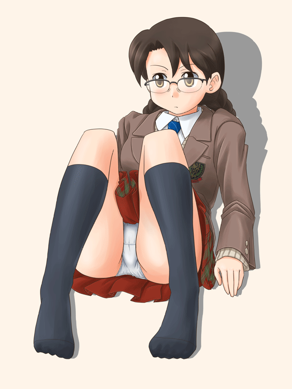 lielos, minazuki tomoko, original, animated, animated gif, translated, 1girl, blazer, brown hair, feet, female focus, glasses, jacket, panties, pantyshot, plaid clothes, plaid skirt, school uniform, sitting, skirt, socks, solo, underwear, upskirt, white panties