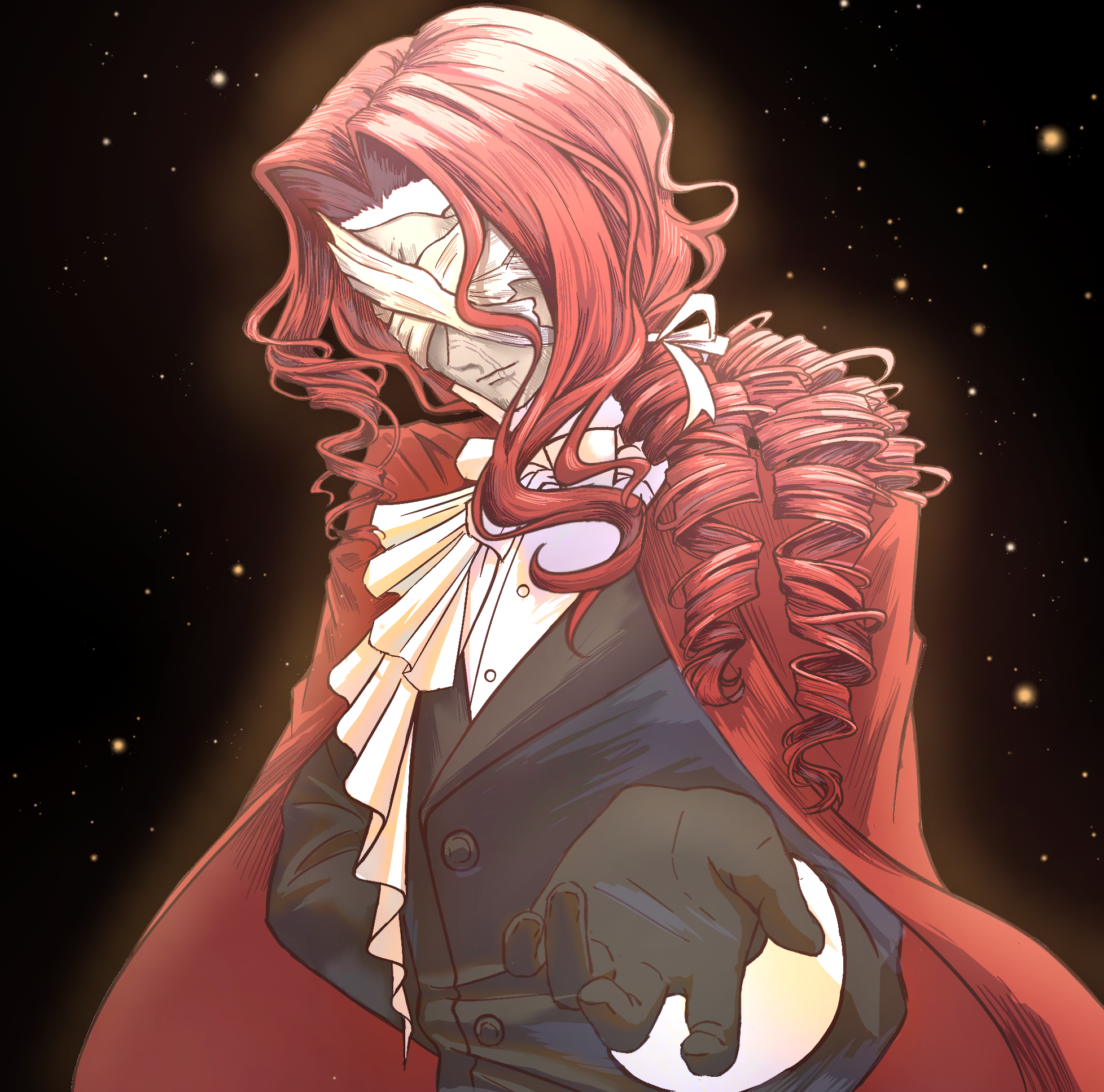 aleph (reverse:1999), reverse:1999, highres, 1boy, arm behind back, ascot, black background, black gloves, black jacket, cape, covered face, gloves, grey mask, hand up, jacket, light particles, long hair, male focus, official alternate costume, outstretched hand, pipi duan, red cape, red hair, shirt, solo, suit jacket, too many drills, upper body, white ascot, white shirt