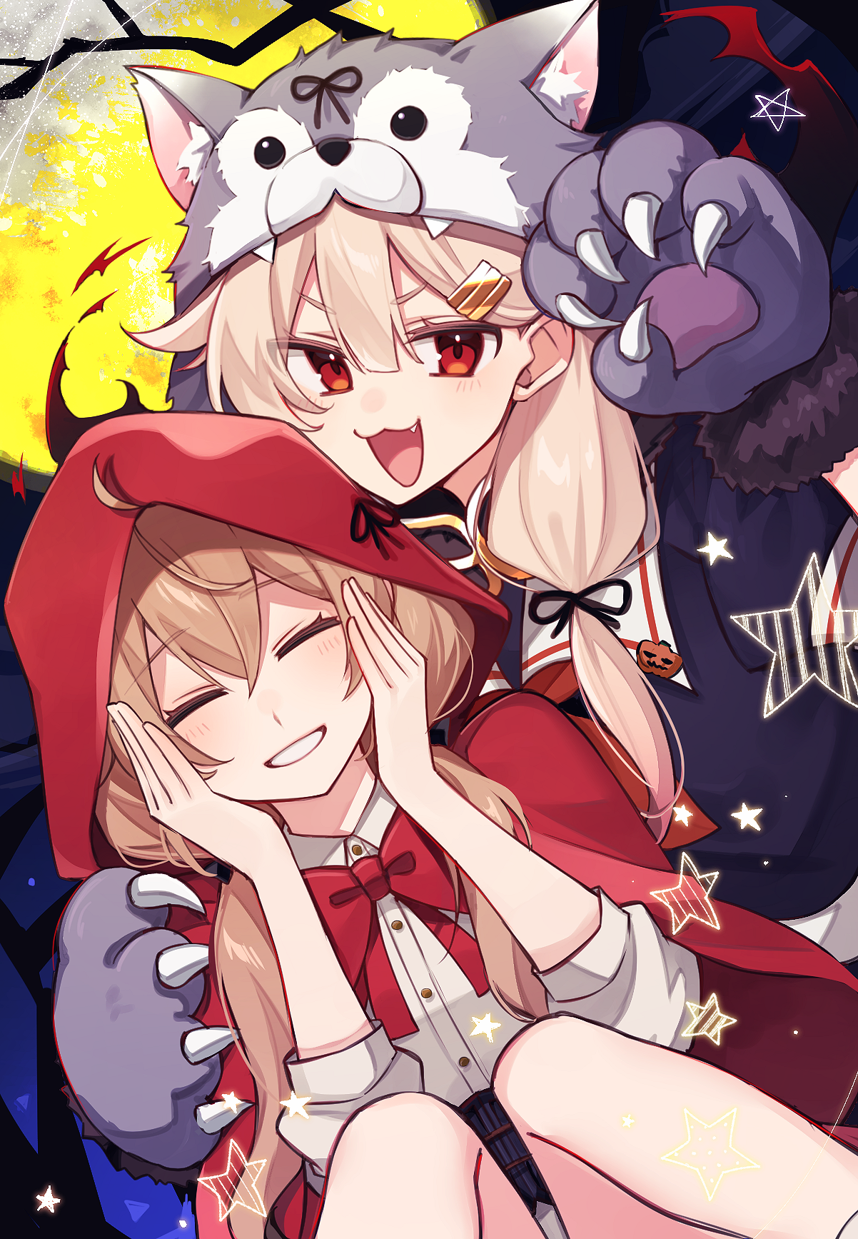 tsumikitsuki (katsuobushi), little red riding hood (fairy tale character), murasame (halloween) (kancolle), murasame (kancolle), yuudachi (halloween) (kancolle), yuudachi (kancolle), yuudachi kai ni (kancolle), kantai collection, little red riding hood (fairy tale), highres, 1girl, :3, animal hands, black serafuku, black shirt, blonde hair, brown eyes, capelet, cosplay, covering own ears, fang, feet out of frame, full body, gloves, hair flaps, little red riding hood (fairy tale character) (cosplay), low twintails, murasame (kancolle) (cosplay), neckerchief, parted lips, paw gloves, paw shoes, red capelet, red eyes, red hood, red neckerchief, sailor collar, sailor shirt, school uniform, serafuku, shirt, sitting, smile, solo, twintails, white sailor collar, wolf hood, wolf paws